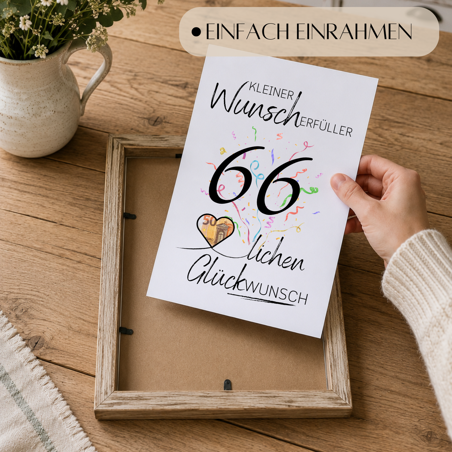 Geldgeschenk 66. Geburtstag Printable mit Schriftzug Kleiner Wunscherfüller, großer Zahl 66, buntem Konfetti und Herz für Geldschein als Digital Download zum Ausdrucken