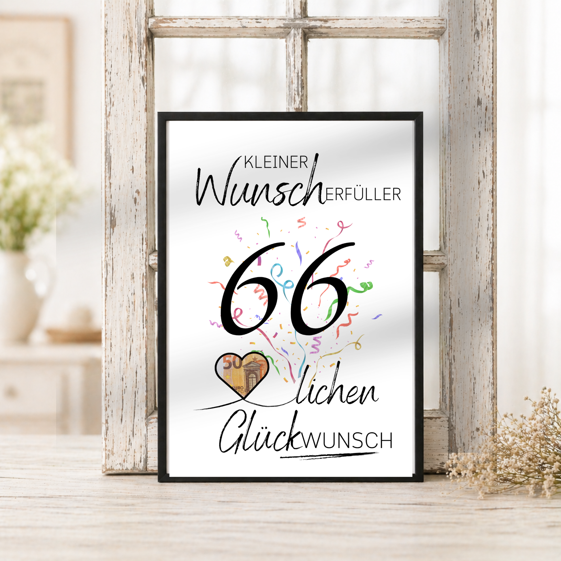 Geldgeschenk 66. Geburtstag Printable mit Schriftzug Kleiner Wunscherfüller, großer Zahl 66, buntem Konfetti und Herz für Geldschein als Digital Download zum Ausdrucken