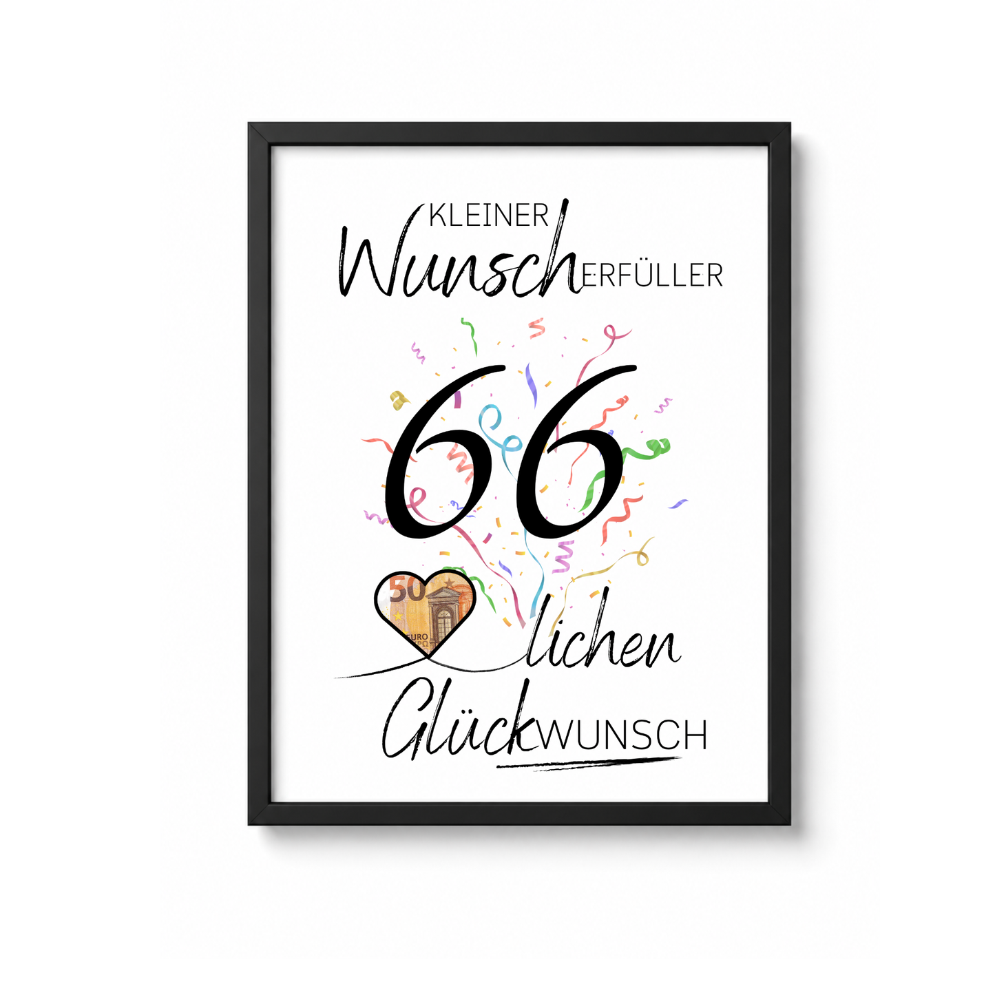 Geldgeschenk 66. Geburtstag Printable mit Schriftzug Kleiner Wunscherfüller, großer Zahl 66, buntem Konfetti und Herz für Geldschein als Digital Download zum Ausdrucken