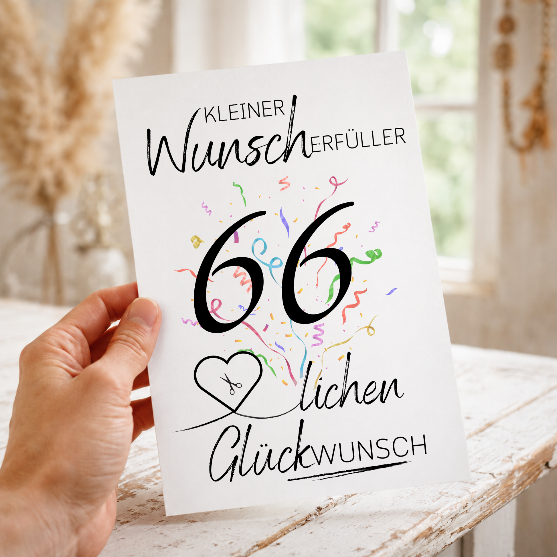 Geldgeschenk 66. Geburtstag Printable mit Schriftzug Kleiner Wunscherfüller, großer Zahl 66, buntem Konfetti und Herz für Geldschein als Digital Download zum Ausdrucken