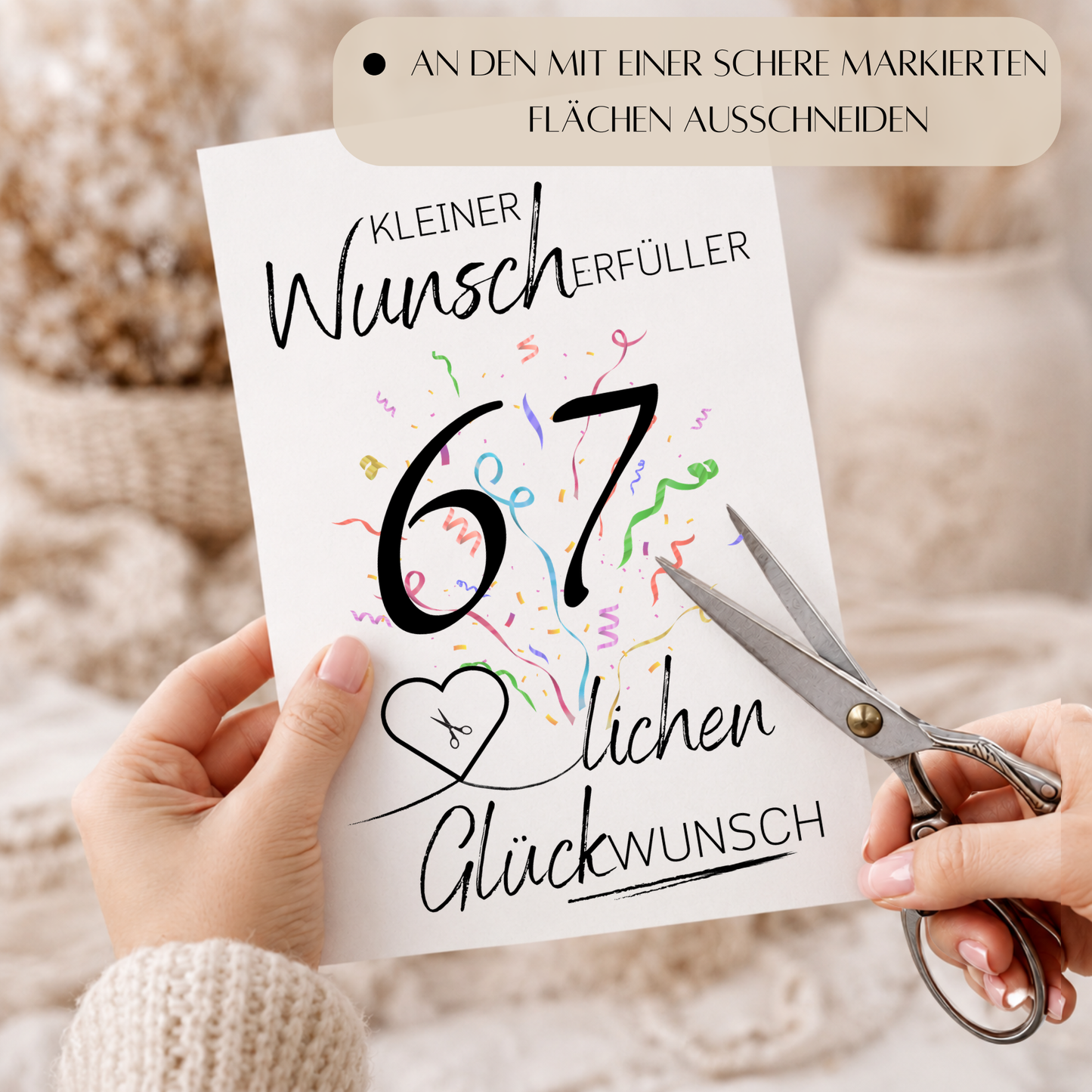 Geldgeschenk 67. Geburtstag Printable mit Schriftzug Kleiner Wunscherfüller, buntem Konfetti und Herz zum Befüllen mit Geldschein als DIY Geburtstagsgeschenk