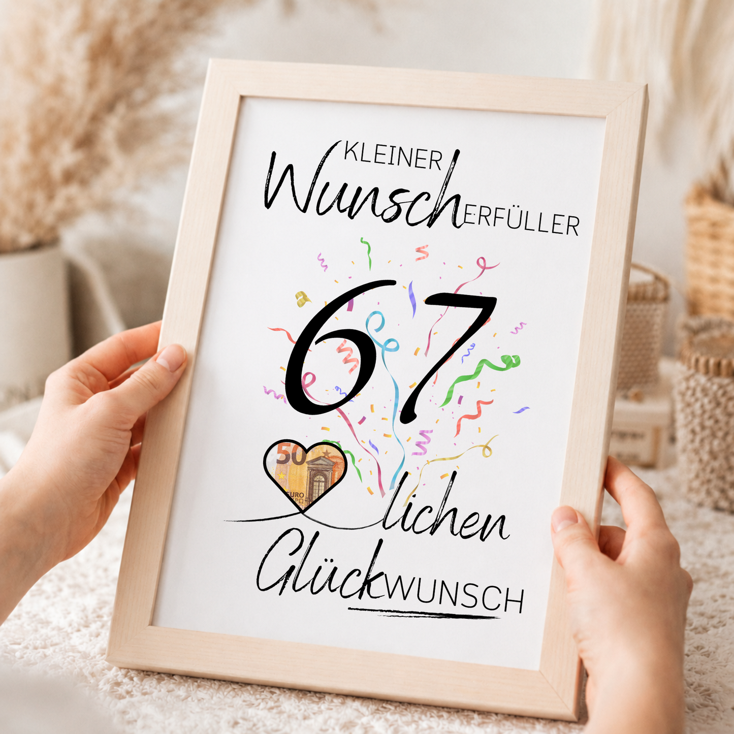 Geldgeschenk 67. Geburtstag Printable mit Schriftzug Kleiner Wunscherfüller, buntem Konfetti und Herz zum Befüllen mit Geldschein als DIY Geburtstagsgeschenk