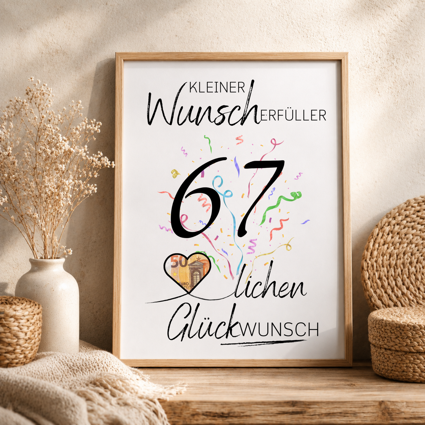 Geldgeschenk 67. Geburtstag Printable mit Schriftzug Kleiner Wunscherfüller, buntem Konfetti und Herz zum Befüllen mit Geldschein als DIY Geburtstagsgeschenk