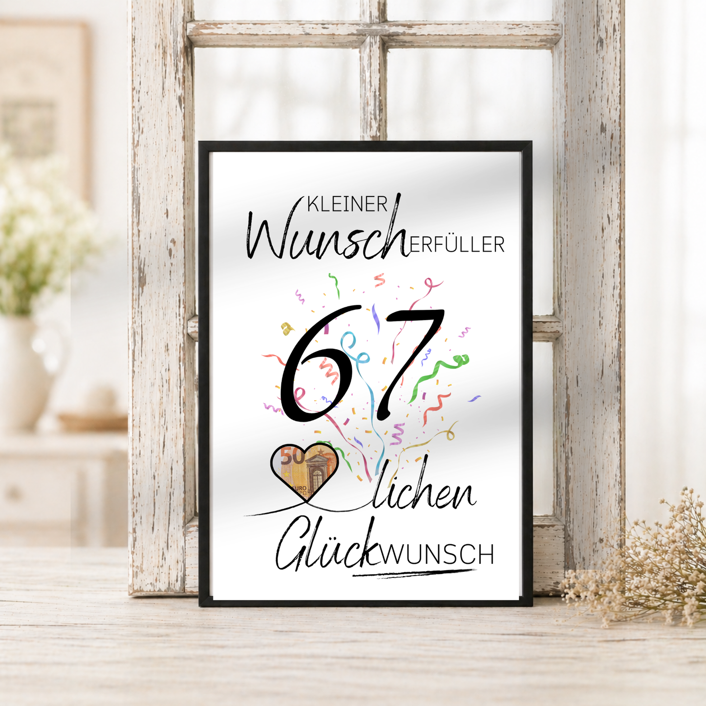 Geldgeschenk 67. Geburtstag Printable mit Schriftzug Kleiner Wunscherfüller, buntem Konfetti und Herz zum Befüllen mit Geldschein als DIY Geburtstagsgeschenk