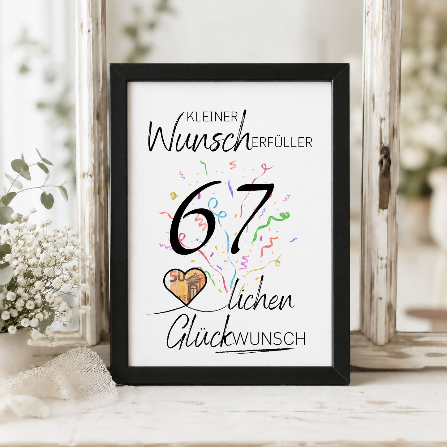Geldgeschenk 67. Geburtstag Printable mit Schriftzug Kleiner Wunscherfüller, buntem Konfetti und Herz zum Befüllen mit Geldschein als DIY Geburtstagsgeschenk