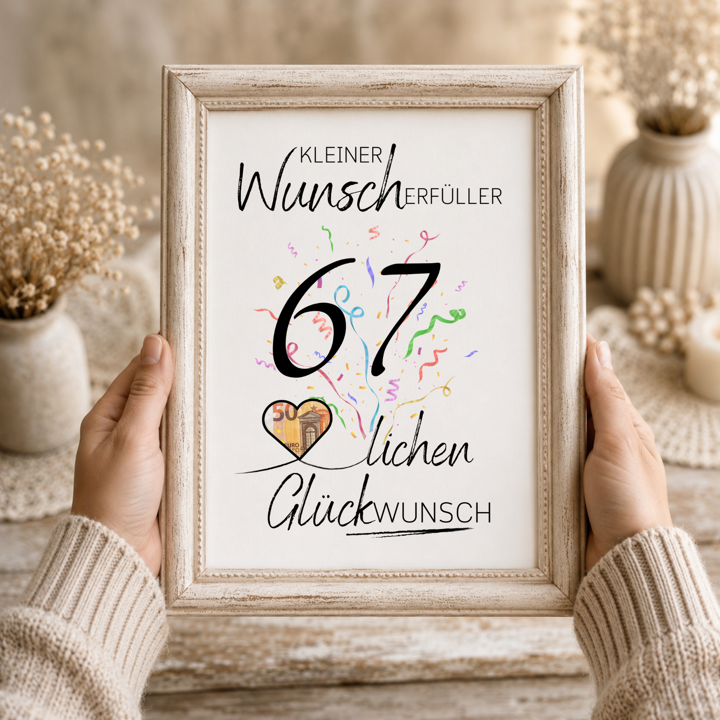 Geldgeschenk 67. Geburtstag Printable mit Schriftzug Kleiner Wunscherfüller, buntem Konfetti und Herz zum Befüllen mit Geldschein als DIY Geburtstagsgeschenk