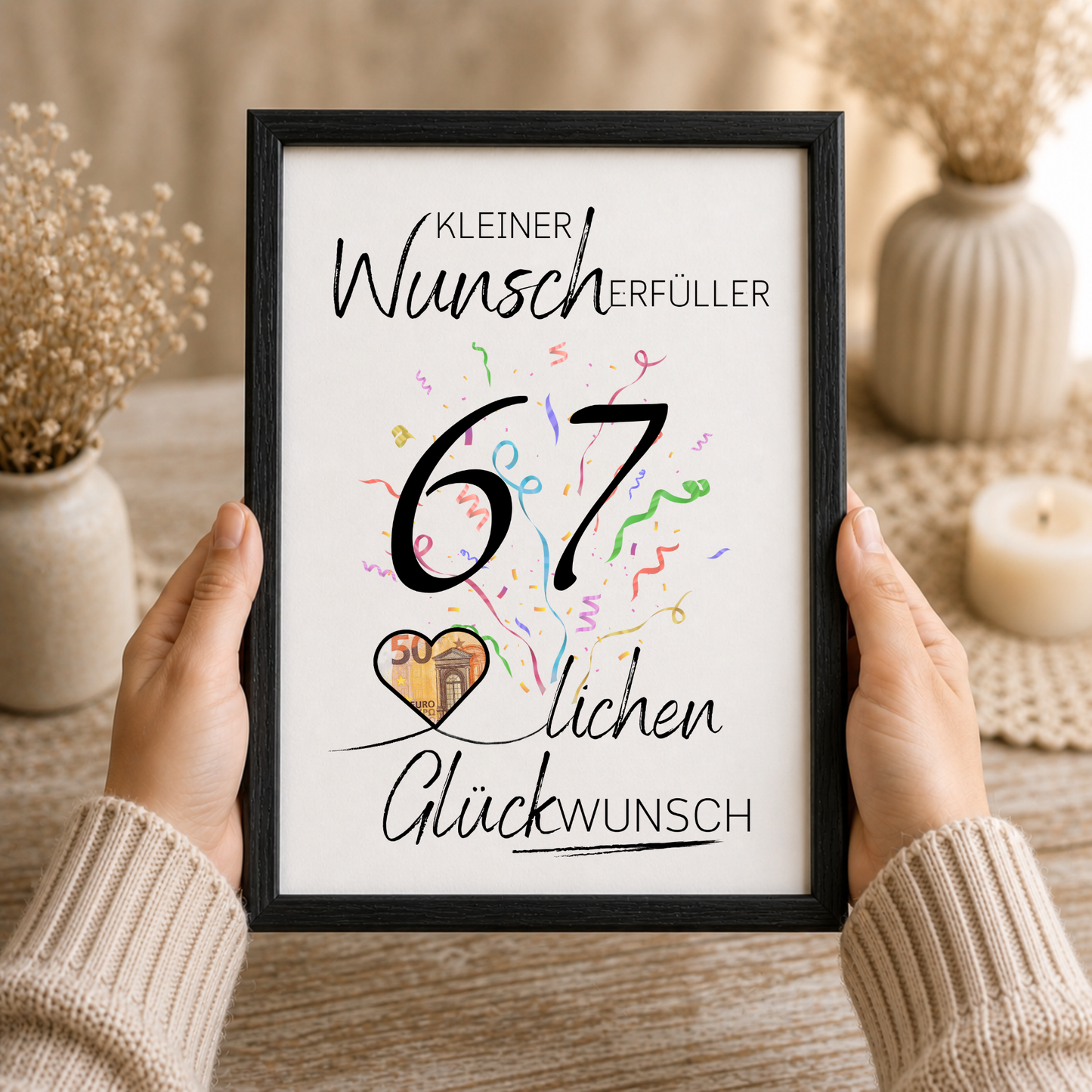 Geldgeschenk 67. Geburtstag Printable mit Schriftzug Kleiner Wunscherfüller, buntem Konfetti und Herz zum Befüllen mit Geldschein als DIY Geburtstagsgeschenk