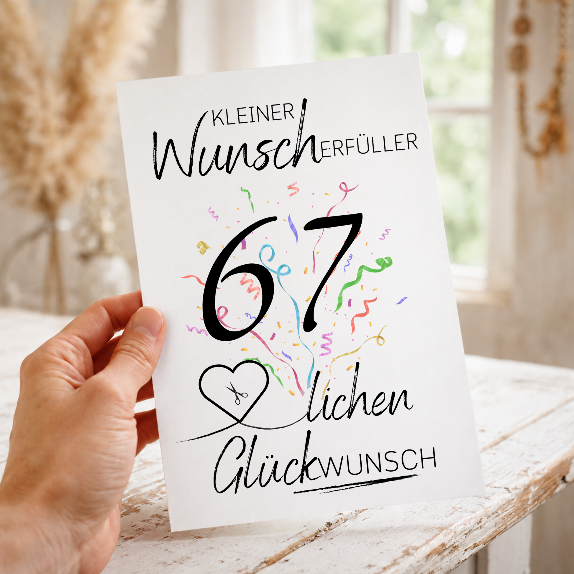 Geldgeschenk 67. Geburtstag Printable mit Schriftzug Kleiner Wunscherfüller, buntem Konfetti und Herz zum Befüllen mit Geldschein als DIY Geburtstagsgeschenk