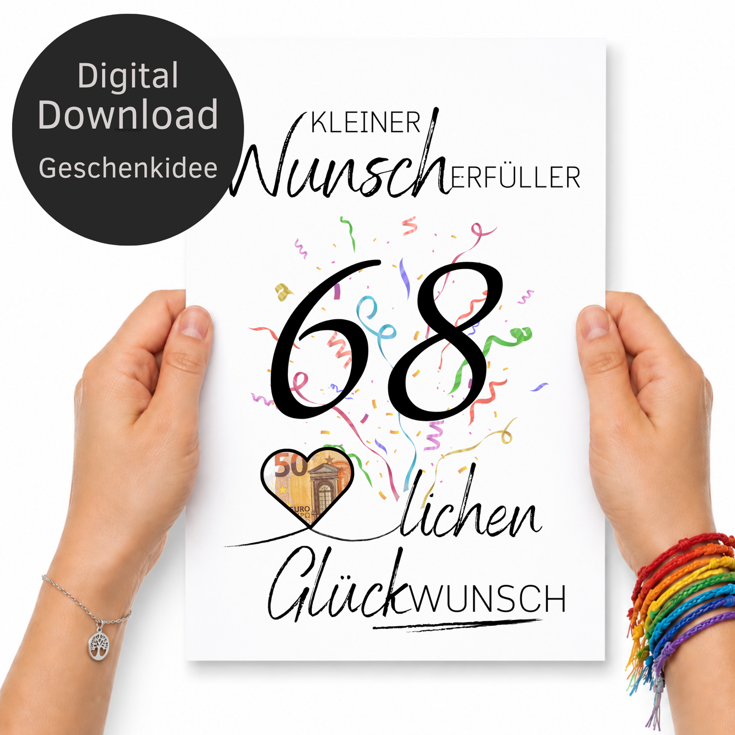 Geldgeschenk 68. Geburtstag Printable mit Konfetti, Herz für Geldschein, Schriftzug Kleiner Wunscherfüller und Glückwunsch, DIN A4 PDF Download