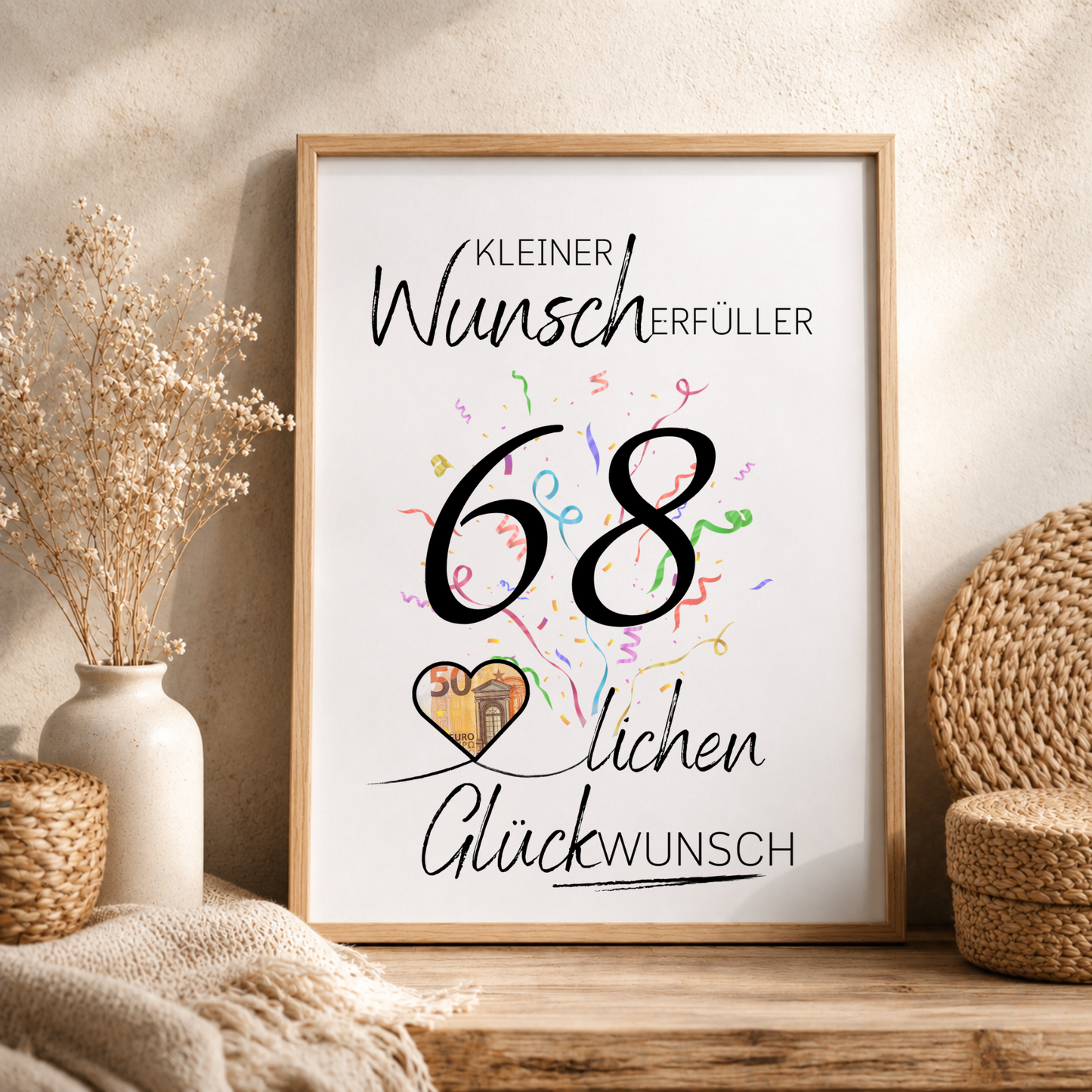 Geldgeschenk 68. Geburtstag Printable mit Konfetti, Herz für Geldschein, Schriftzug Kleiner Wunscherfüller und Glückwunsch, DIN A4 PDF Download