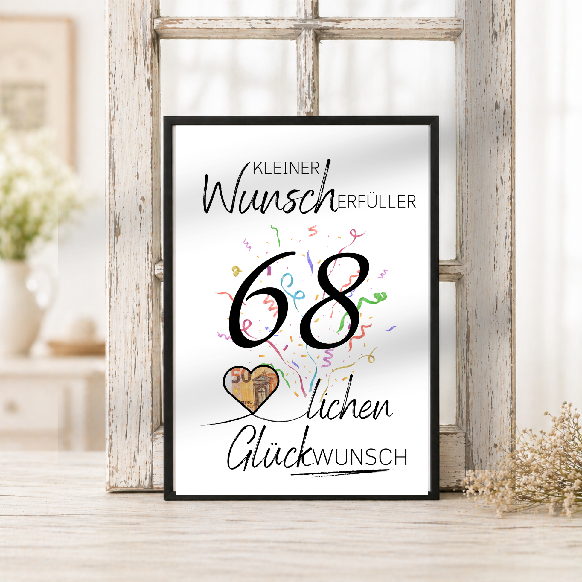 Geldgeschenk 68. Geburtstag Printable mit Konfetti, Herz für Geldschein, Schriftzug Kleiner Wunscherfüller und Glückwunsch, DIN A4 PDF Download