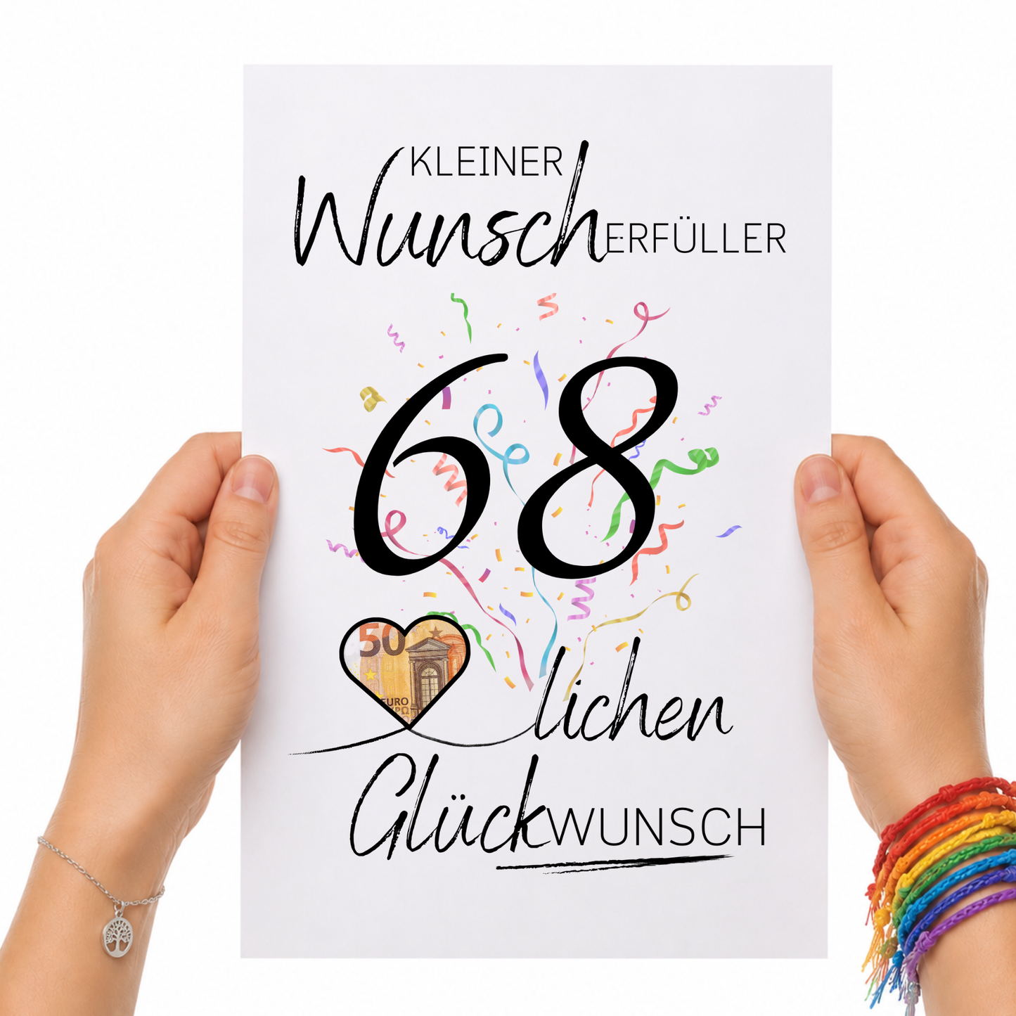 Geldgeschenk 68. Geburtstag Printable mit Konfetti, Herz für Geldschein, Schriftzug Kleiner Wunscherfüller und Glückwunsch, DIN A4 PDF Download