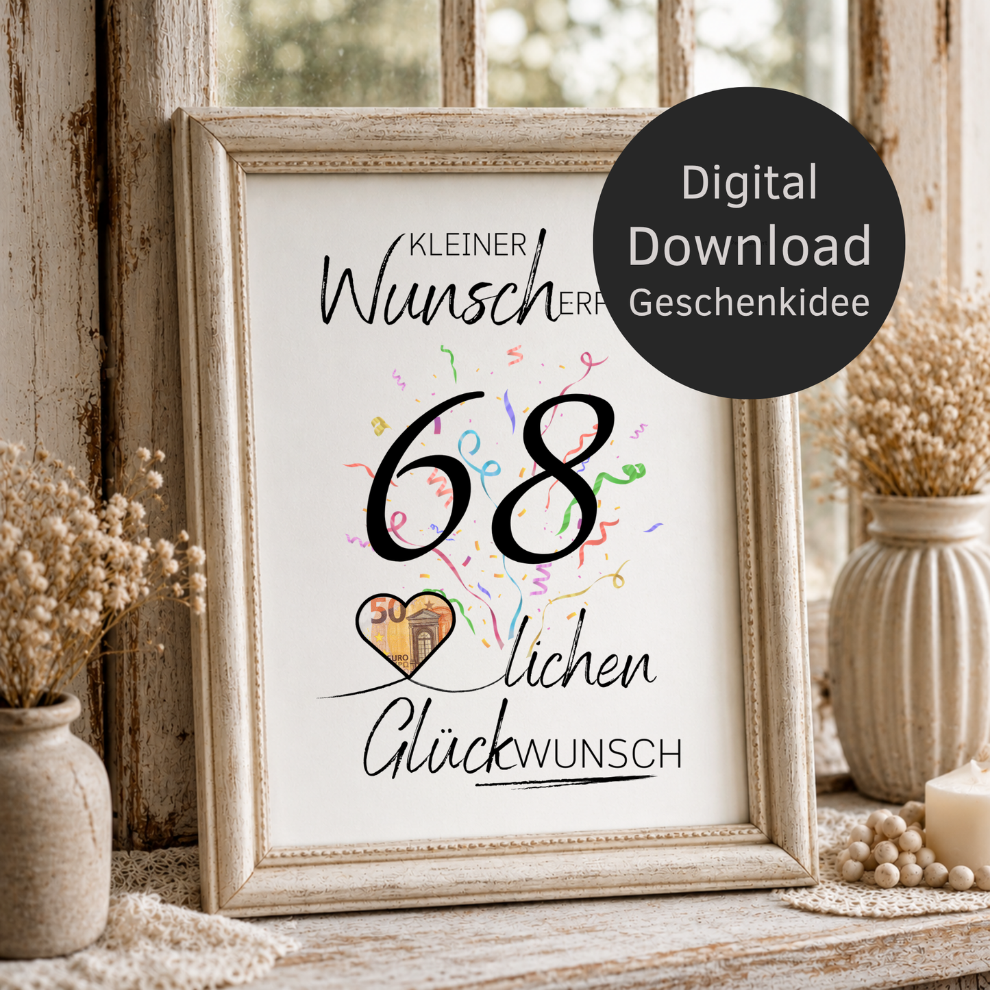 Geldgeschenk 68. Geburtstag Printable mit Konfetti, Herz für Geldschein, Schriftzug Kleiner Wunscherfüller und Glückwunsch, DIN A4 PDF Download