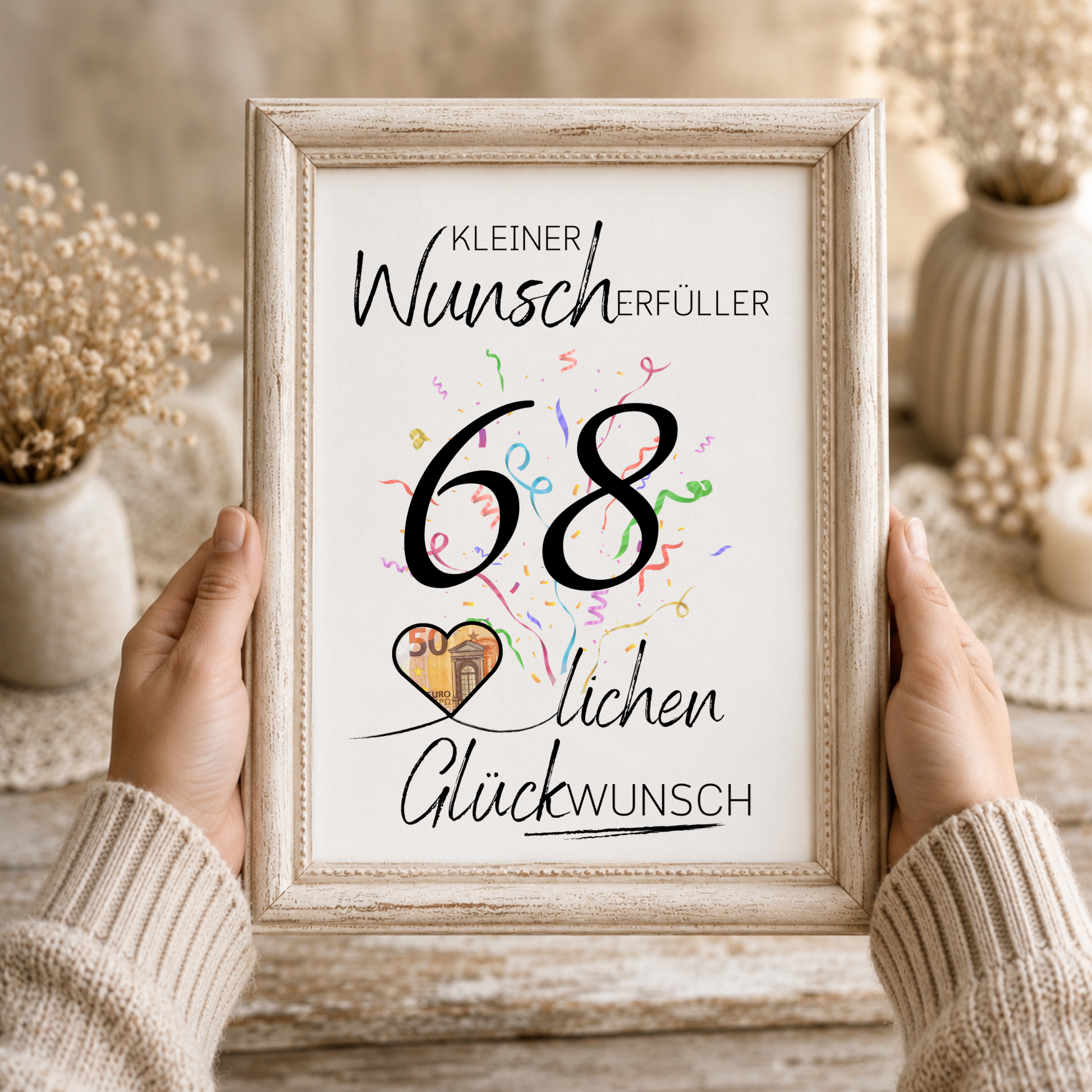 Geldgeschenk 68. Geburtstag Printable mit Konfetti, Herz für Geldschein, Schriftzug Kleiner Wunscherfüller und Glückwunsch, DIN A4 PDF Download