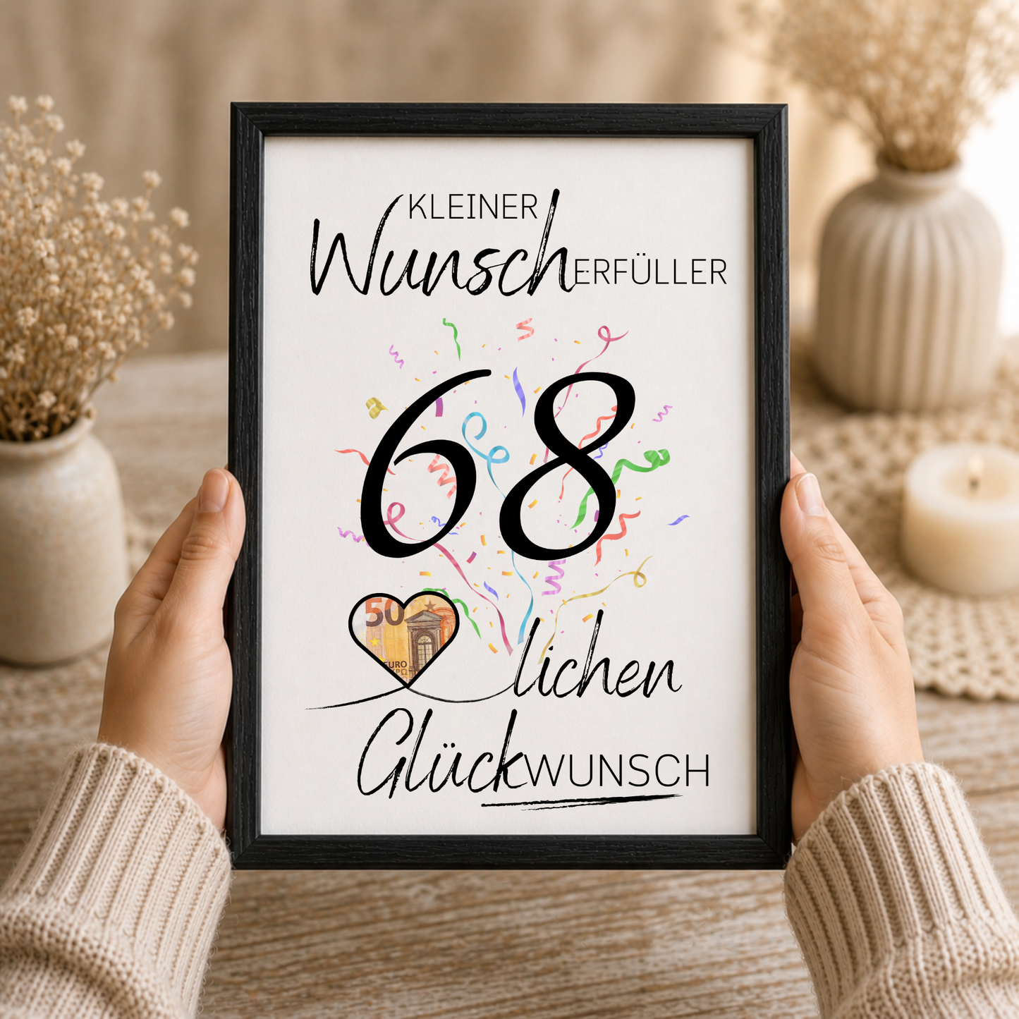 Geldgeschenk 68. Geburtstag Printable mit Konfetti, Herz für Geldschein, Schriftzug Kleiner Wunscherfüller und Glückwunsch, DIN A4 PDF Download