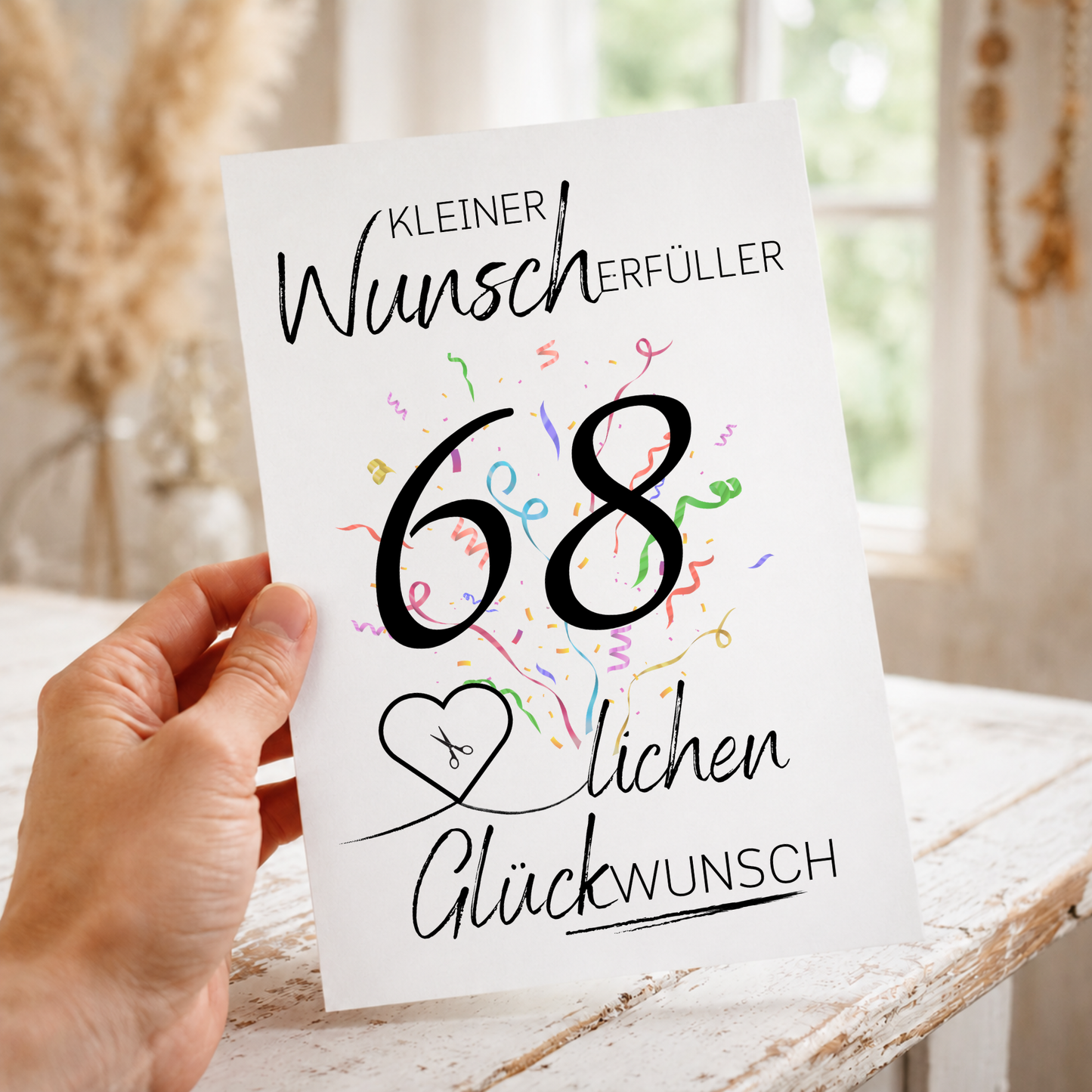 Geldgeschenk 68. Geburtstag Printable mit Konfetti, Herz für Geldschein, Schriftzug Kleiner Wunscherfüller und Glückwunsch, DIN A4 PDF Download