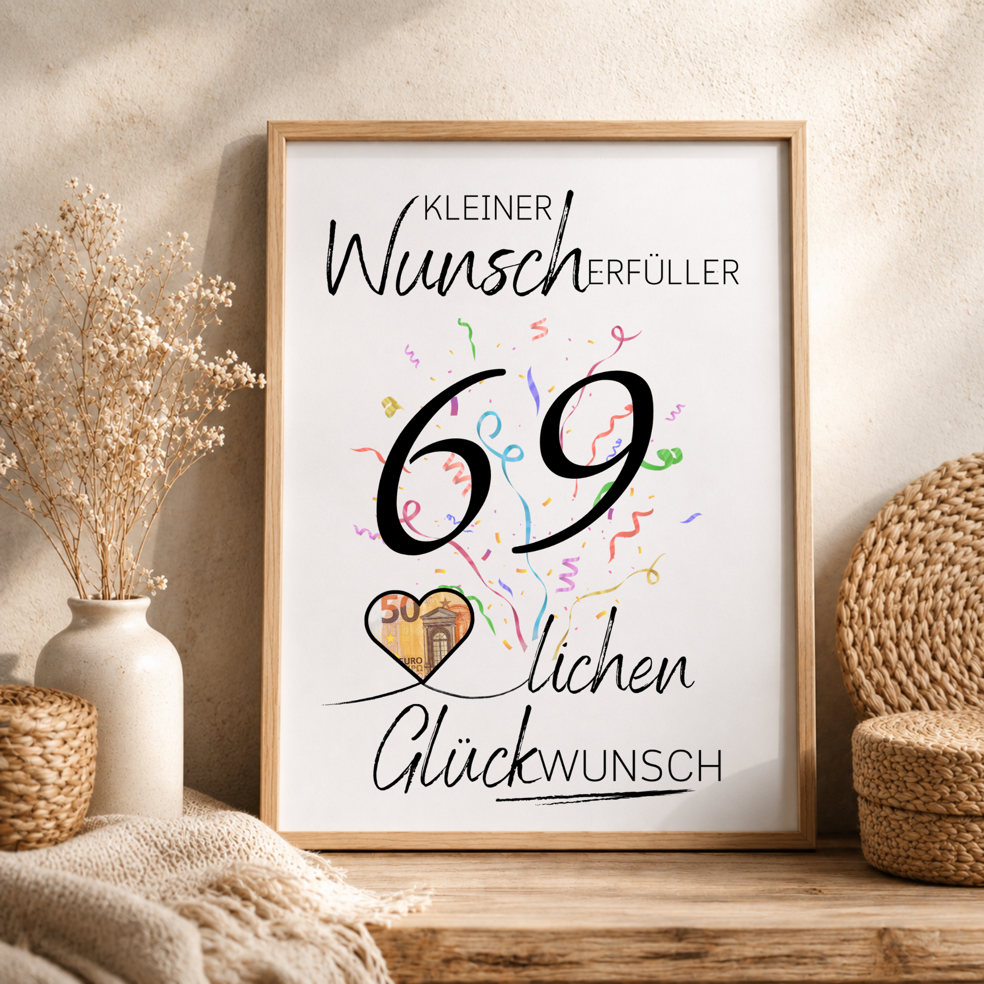 Geldgeschenk 69. Geburtstag Printable mit Konfetti, Herzmotiv für Geldschein, kleiner Wunscherfüller, PDF Download zum Ausdrucken