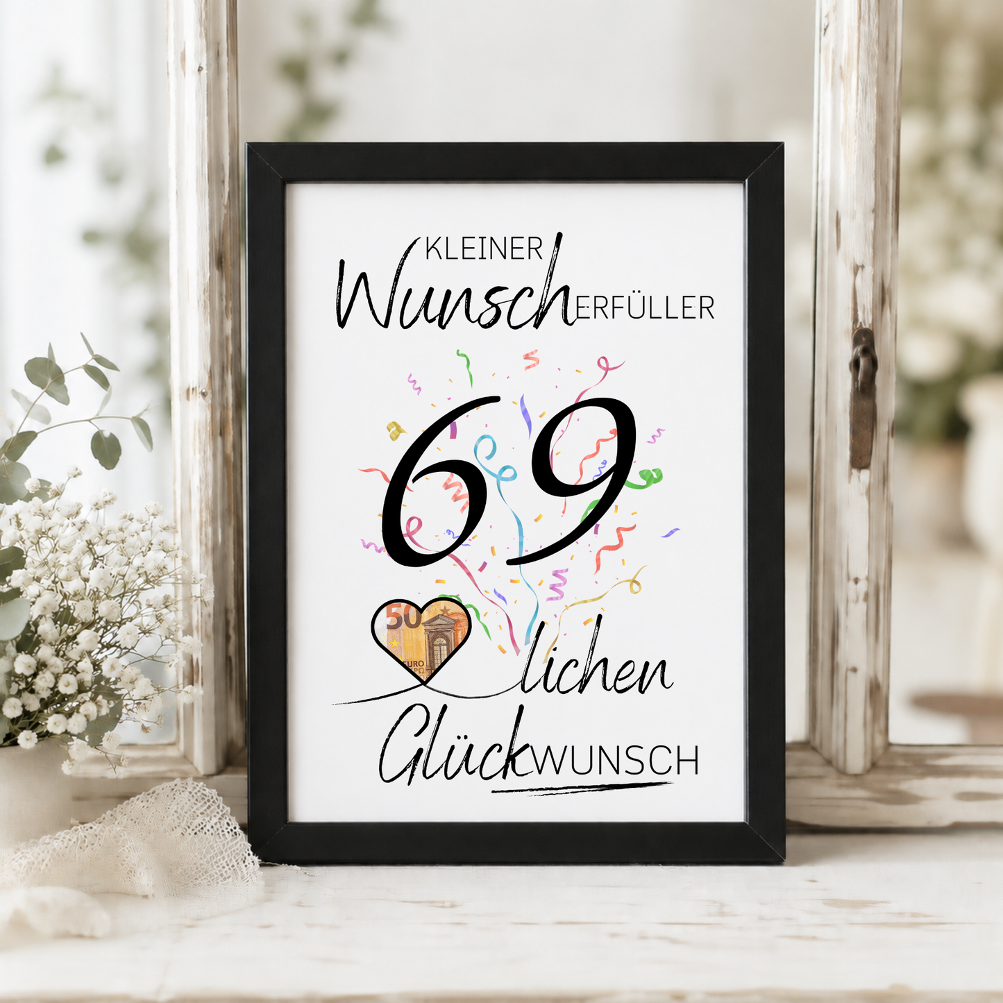Geldgeschenk 69. Geburtstag Printable mit Konfetti, Herzmotiv für Geldschein, kleiner Wunscherfüller, PDF Download zum Ausdrucken
