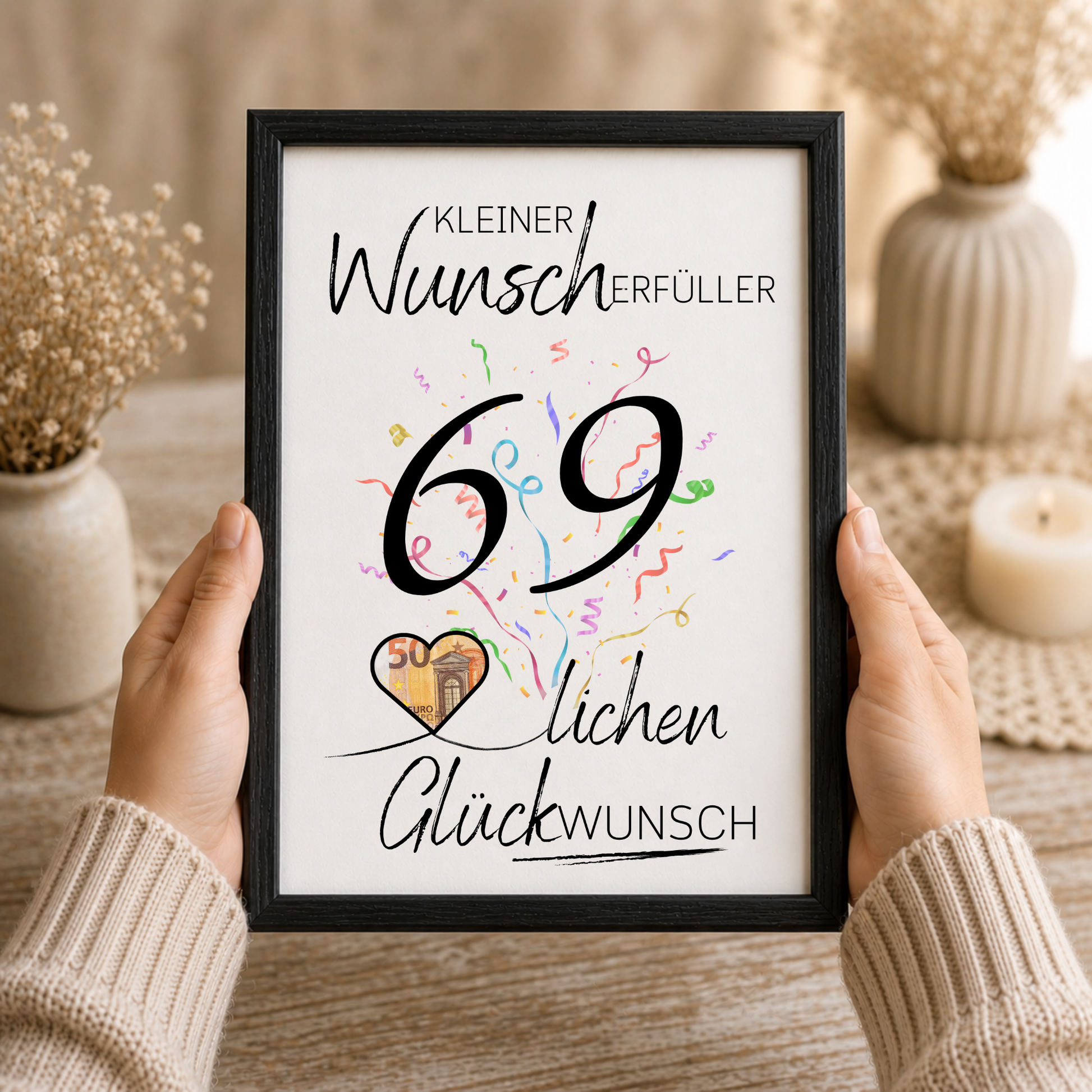 Geldgeschenk 69. Geburtstag Printable mit Konfetti, Herzmotiv für Geldschein, kleiner Wunscherfüller, PDF Download zum Ausdrucken