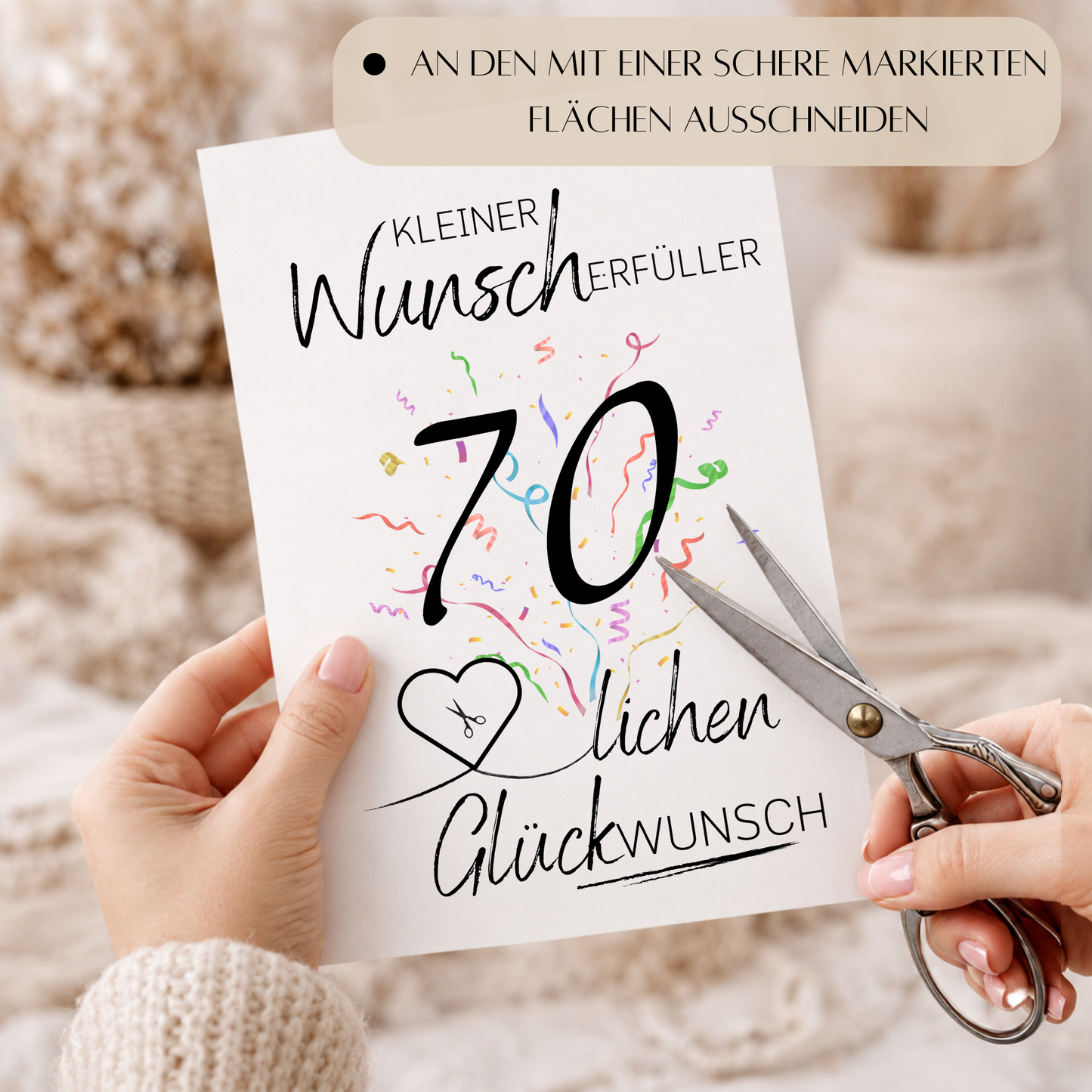 Geldgeschenk 70. Geburtstag Printable mit schwarzer Zahl 70, buntem Konfetti, Herz für Geldschein und Schriftzug Kleiner Wunscherfüller Glückwunsch als Digital Download