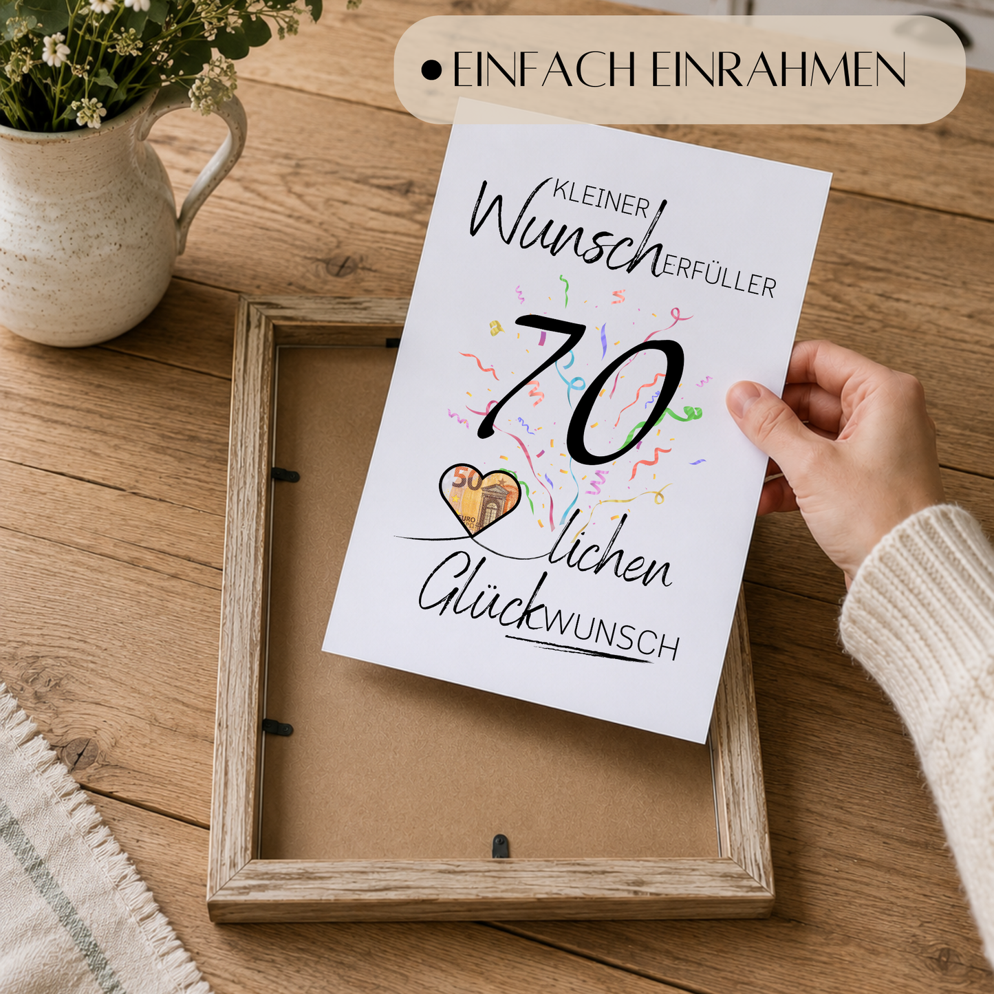 Geldgeschenk 70. Geburtstag Printable mit schwarzer Zahl 70, buntem Konfetti, Herz für Geldschein und Schriftzug Kleiner Wunscherfüller Glückwunsch als Digital Download