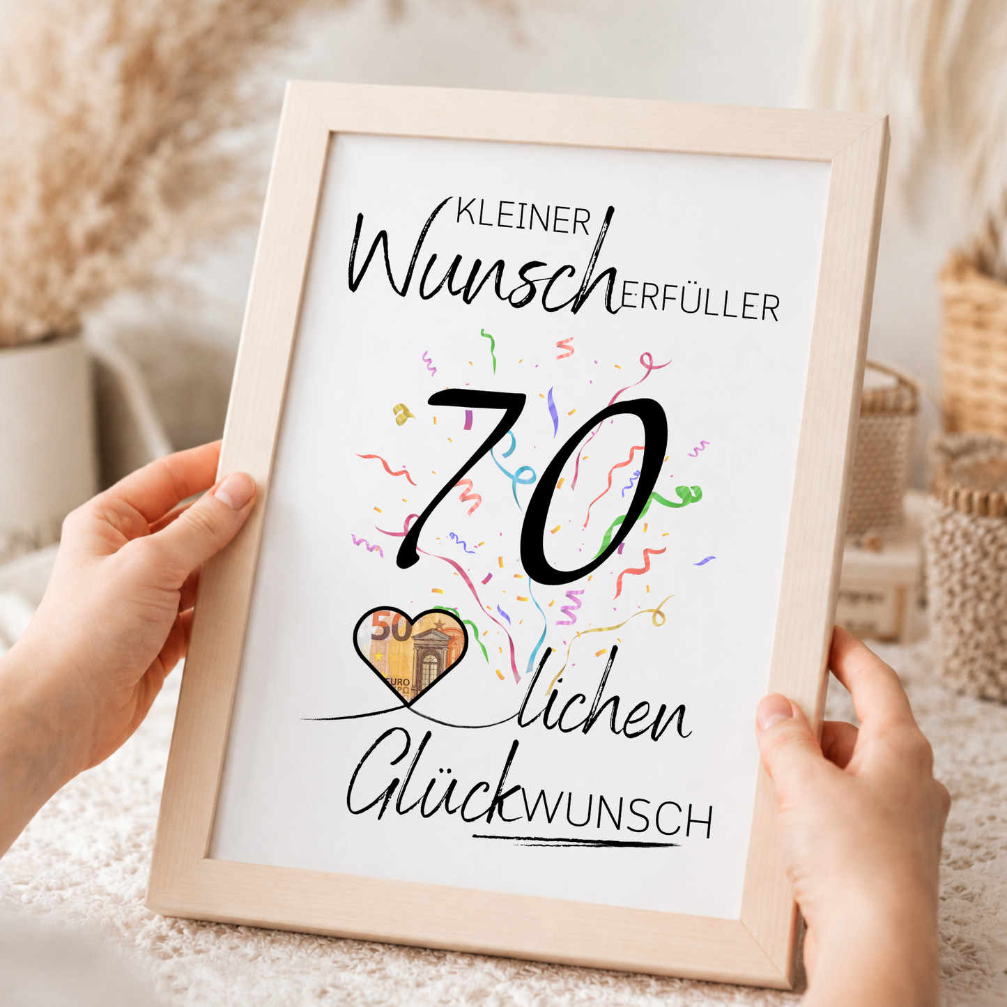 Geldgeschenk 70. Geburtstag Printable mit schwarzer Zahl 70, buntem Konfetti, Herz für Geldschein und Schriftzug Kleiner Wunscherfüller Glückwunsch als Digital Download