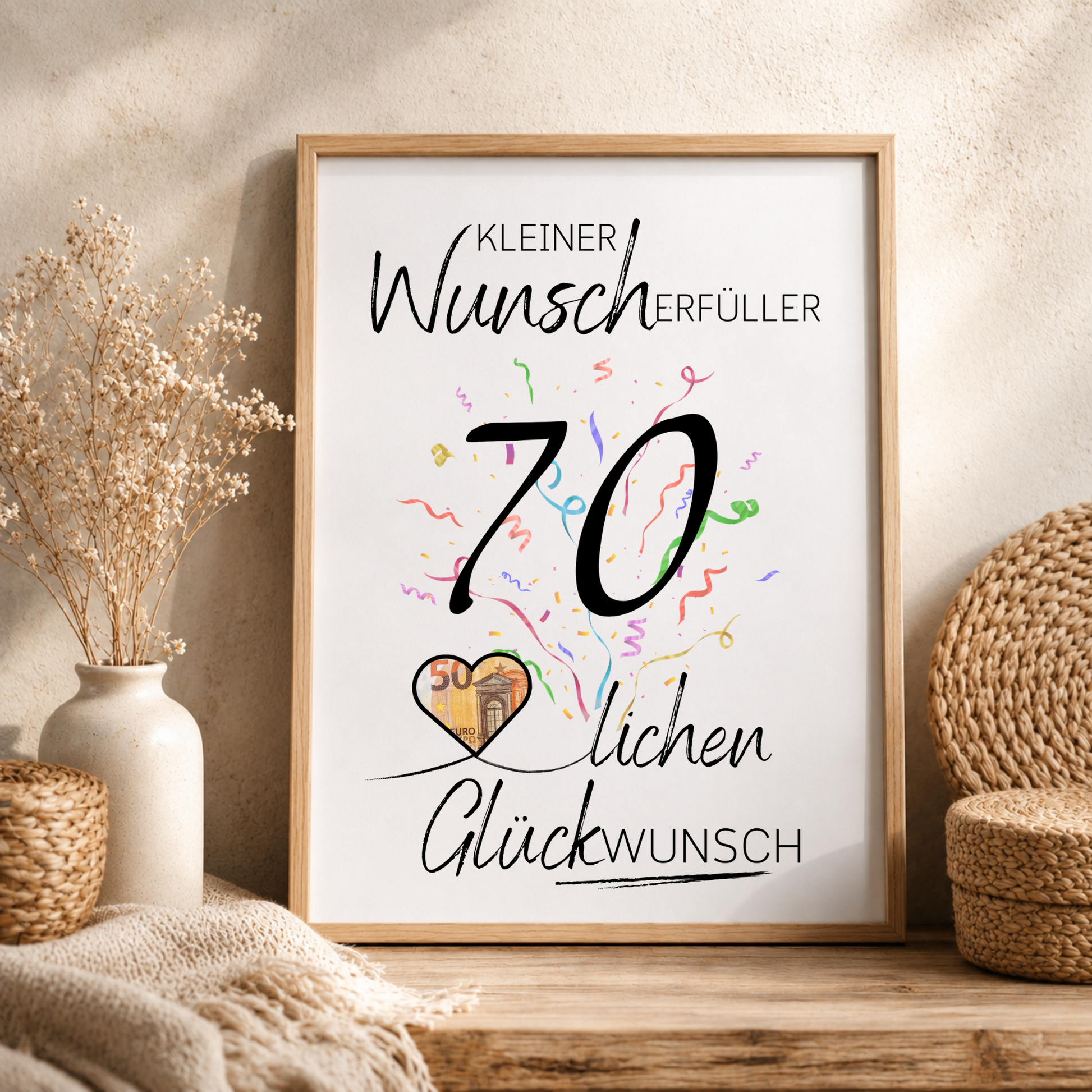 Geldgeschenk 70. Geburtstag Printable mit schwarzer Zahl 70, buntem Konfetti, Herz für Geldschein und Schriftzug Kleiner Wunscherfüller Glückwunsch als Digital Download