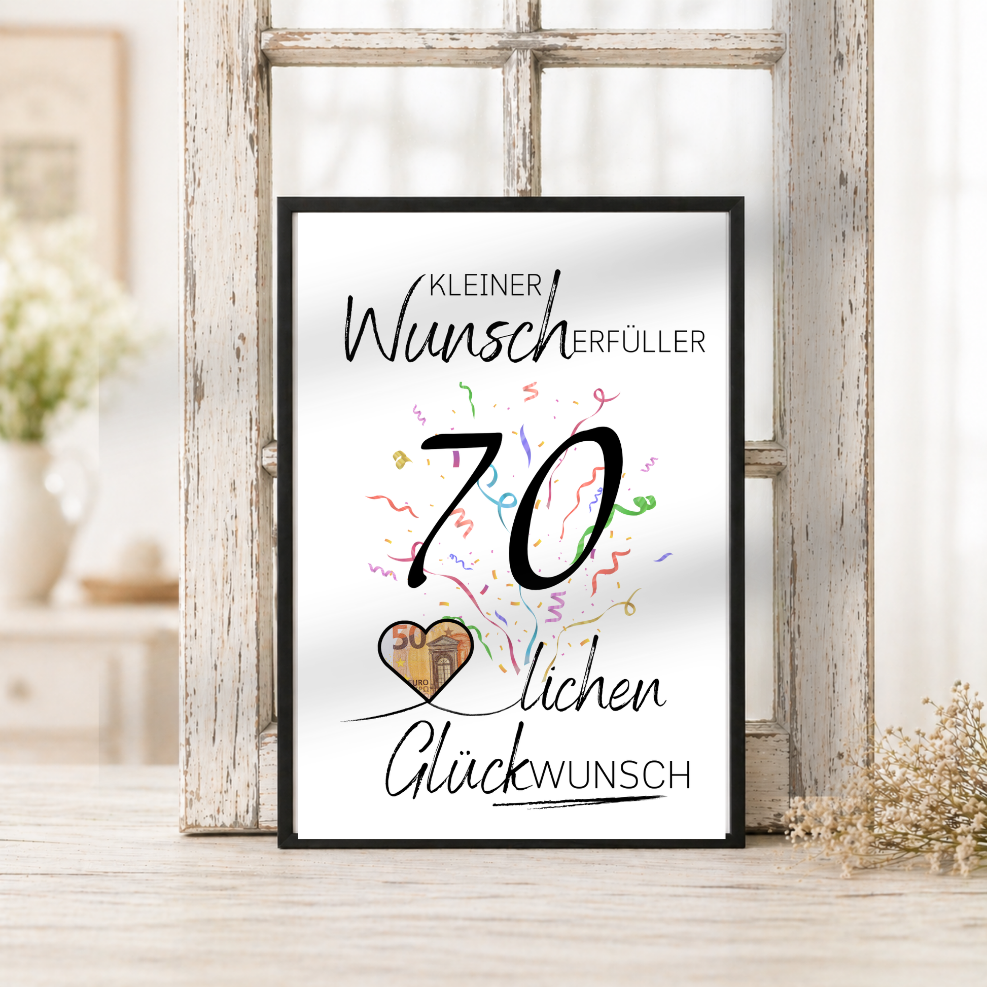 Geldgeschenk 70. Geburtstag Printable mit schwarzer Zahl 70, buntem Konfetti, Herz für Geldschein und Schriftzug Kleiner Wunscherfüller Glückwunsch als Digital Download
