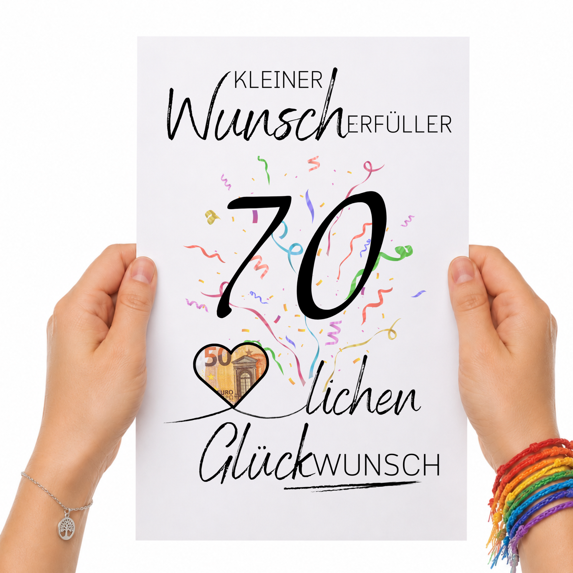 Geldgeschenk 70. Geburtstag Printable mit schwarzer Zahl 70, buntem Konfetti, Herz für Geldschein und Schriftzug Kleiner Wunscherfüller Glückwunsch als Digital Download