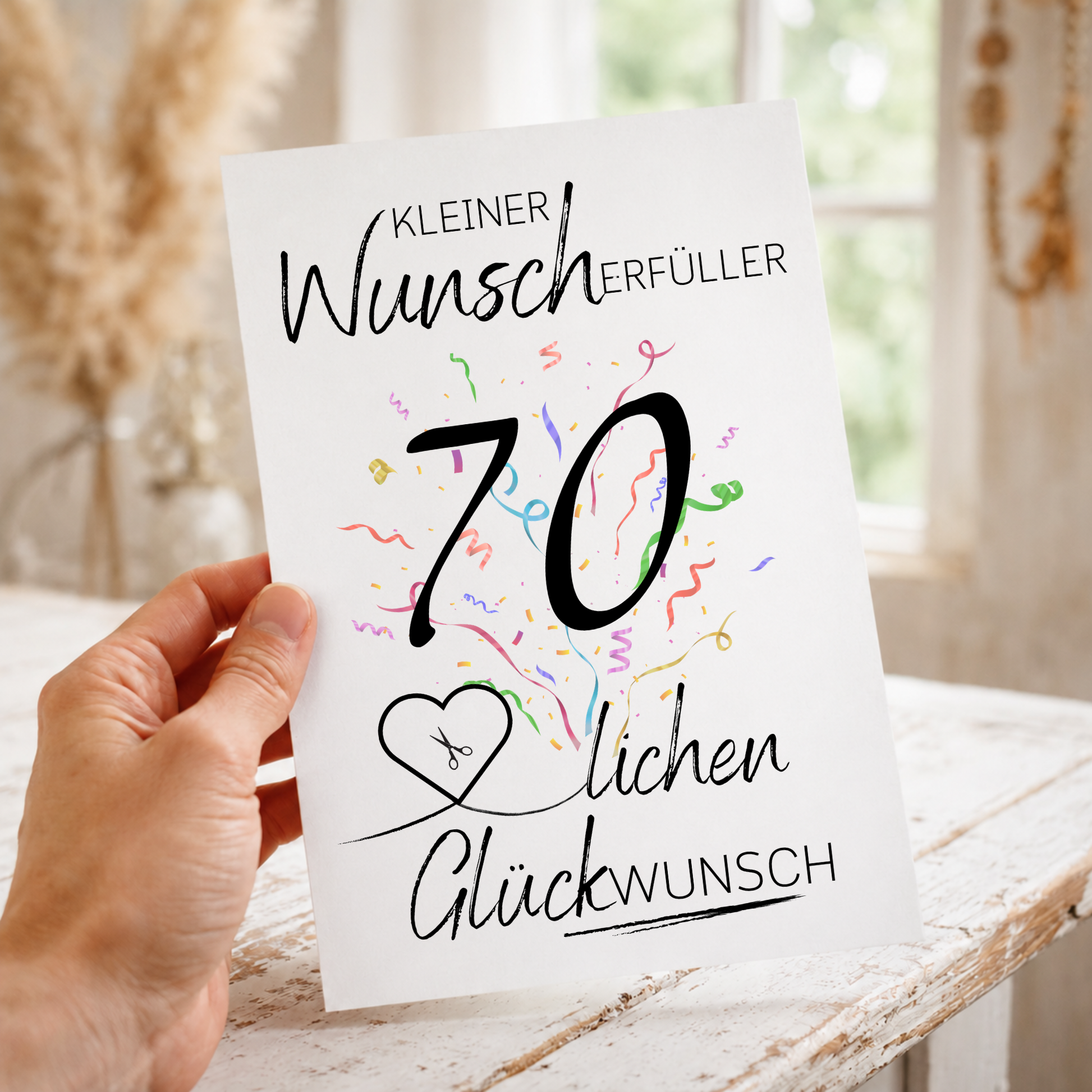 Geldgeschenk 70. Geburtstag Printable mit schwarzer Zahl 70, buntem Konfetti, Herz für Geldschein und Schriftzug Kleiner Wunscherfüller Glückwunsch als Digital Download