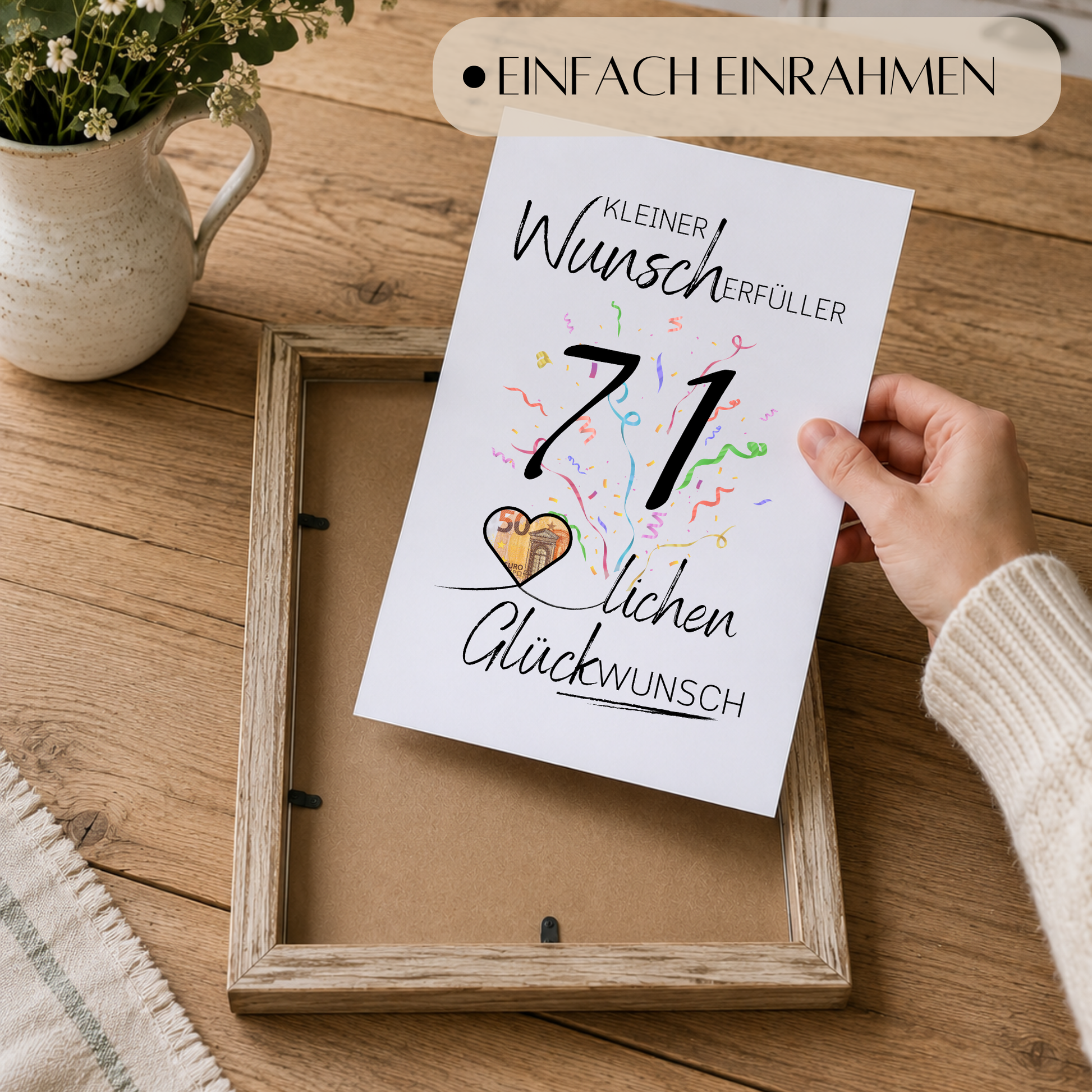 Geldgeschenk 71. Geburtstag Printable mit Konfetti, Schriftzug Kleiner Wunscherfüller, Herzmotiv für Geldschein und modernem Glückwunsch Design zum Ausdrucken