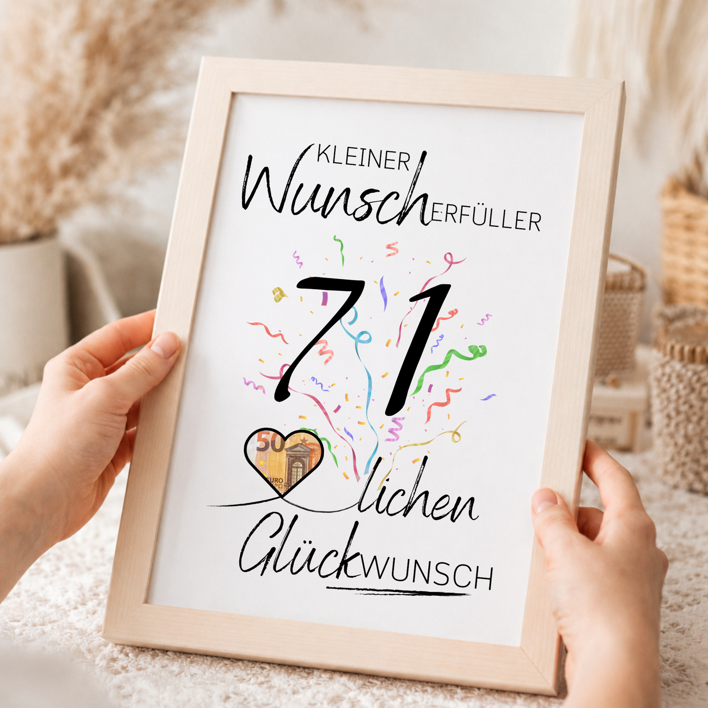 Geldgeschenk 71. Geburtstag Printable mit Konfetti, Schriftzug Kleiner Wunscherfüller, Herzmotiv für Geldschein und modernem Glückwunsch Design zum Ausdrucken