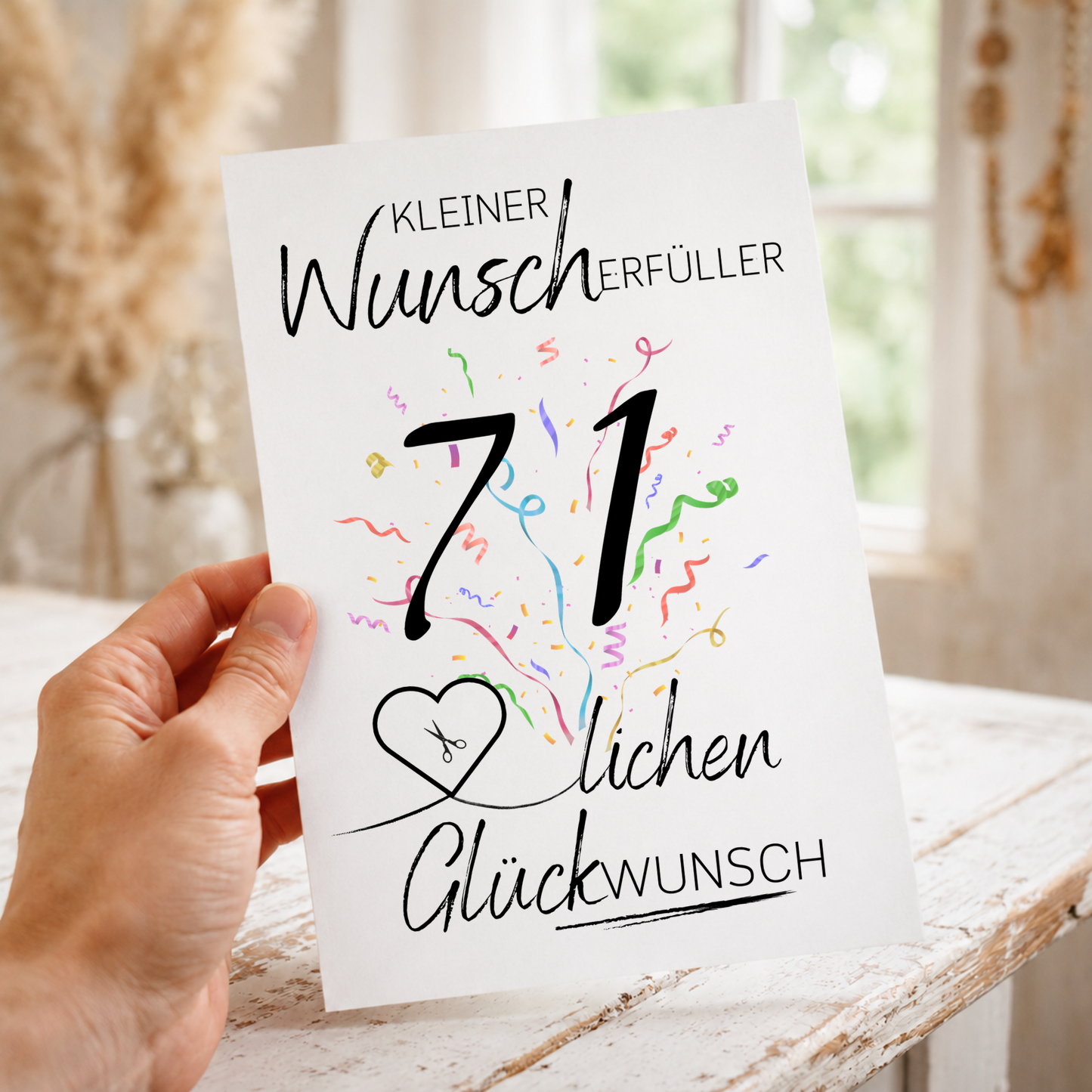 Geldgeschenk 71. Geburtstag Printable mit Konfetti, Schriftzug Kleiner Wunscherfüller, Herzmotiv für Geldschein und modernem Glückwunsch Design zum Ausdrucken