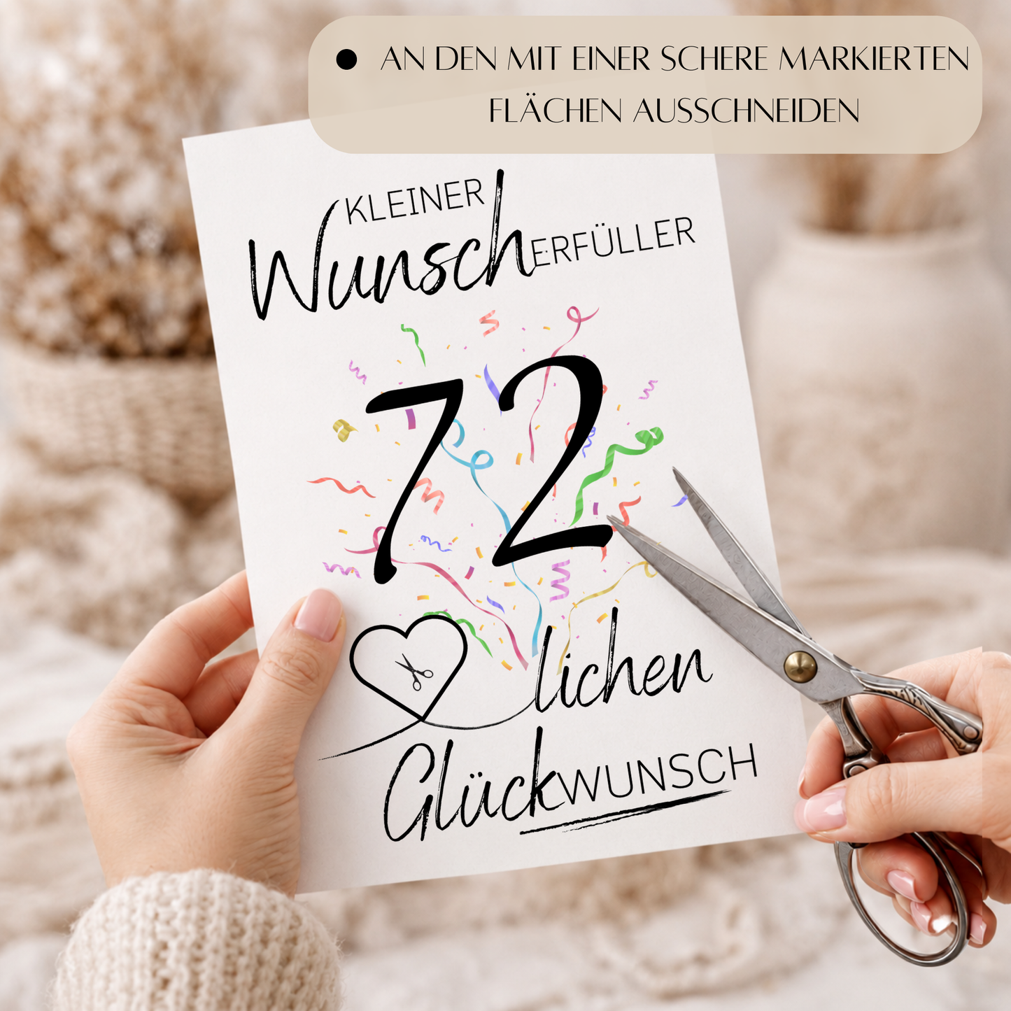 Geldgeschenk 72. Geburtstag Printable mit Konfetti, Herz für Geldschein und Schriftzug Kleiner Wunscherfüller als Digital Download zum Ausdrucken