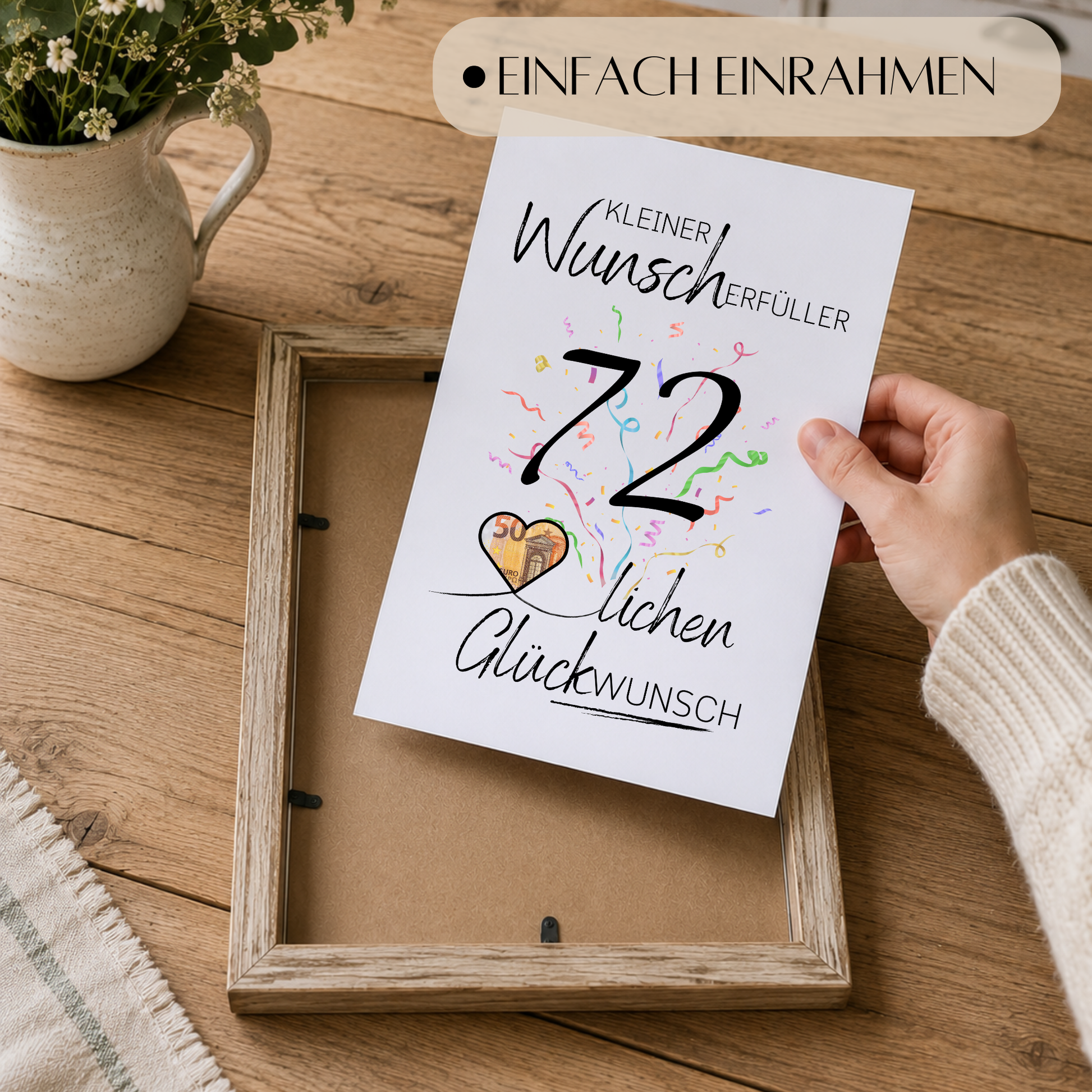 Geldgeschenk 72. Geburtstag Printable mit Konfetti, Herz für Geldschein und Schriftzug Kleiner Wunscherfüller als Digital Download zum Ausdrucken