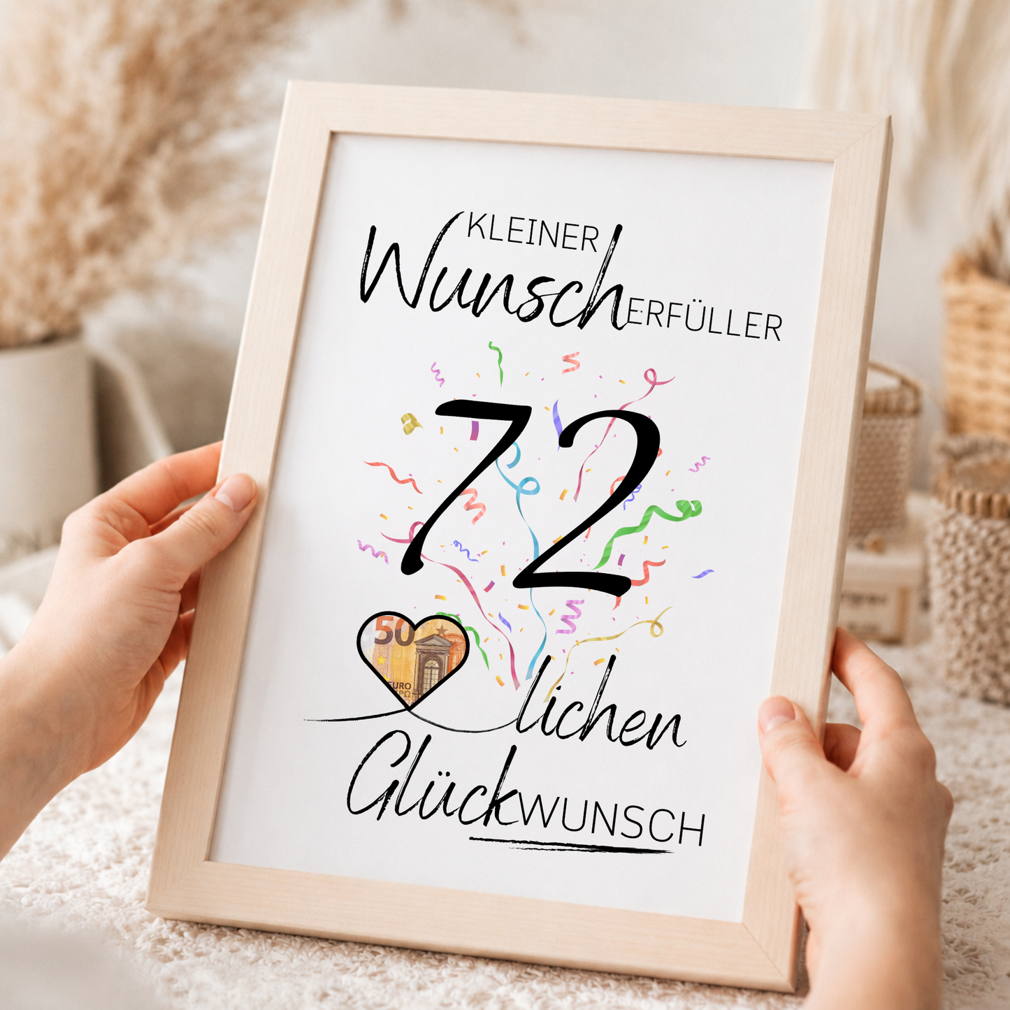 Geldgeschenk 72. Geburtstag Printable mit Konfetti, Herz für Geldschein und Schriftzug Kleiner Wunscherfüller als Digital Download zum Ausdrucken
