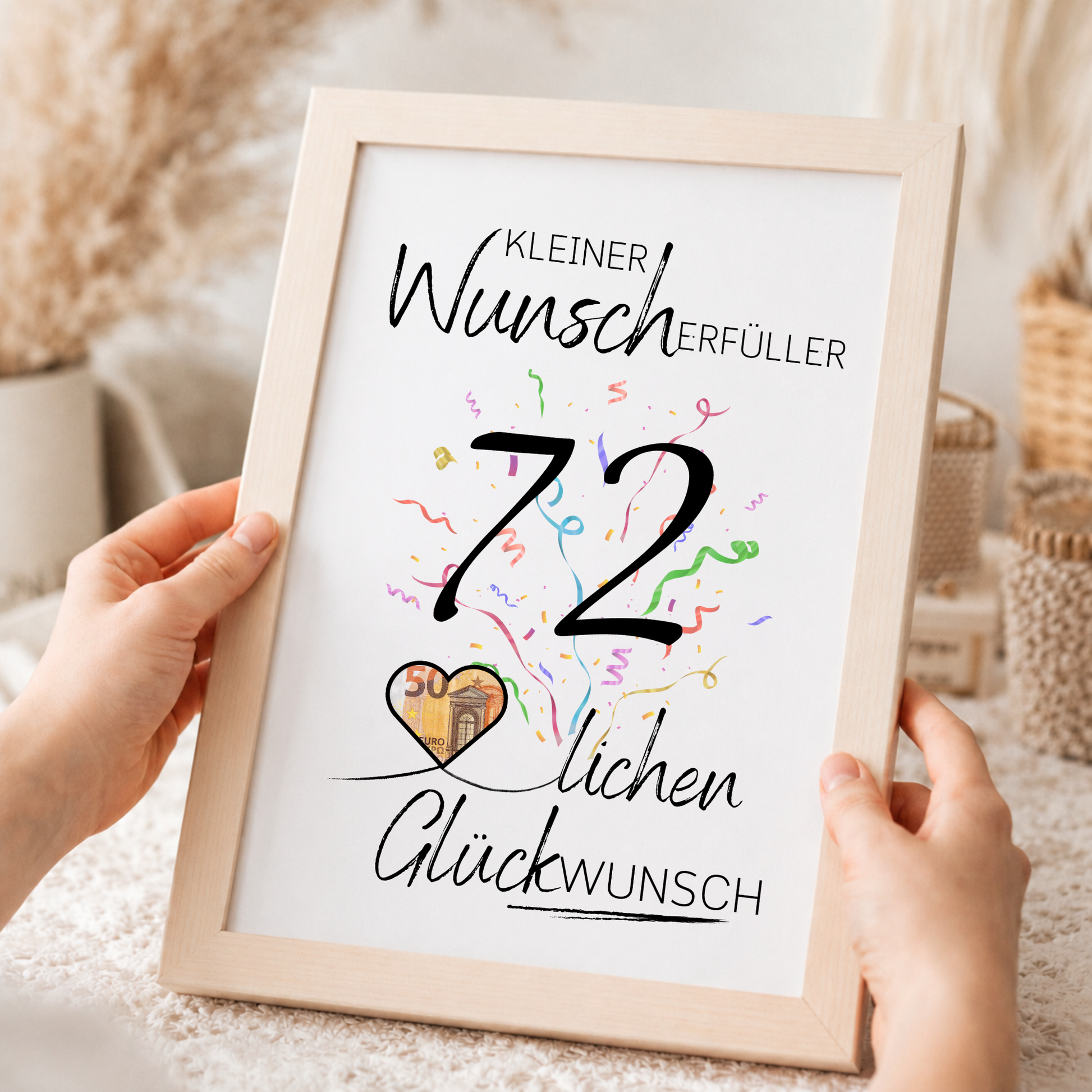 Geldgeschenk 72. Geburtstag Printable mit Konfetti, Herz für Geldschein und Schriftzug Kleiner Wunscherfüller als Digital Download zum Ausdrucken