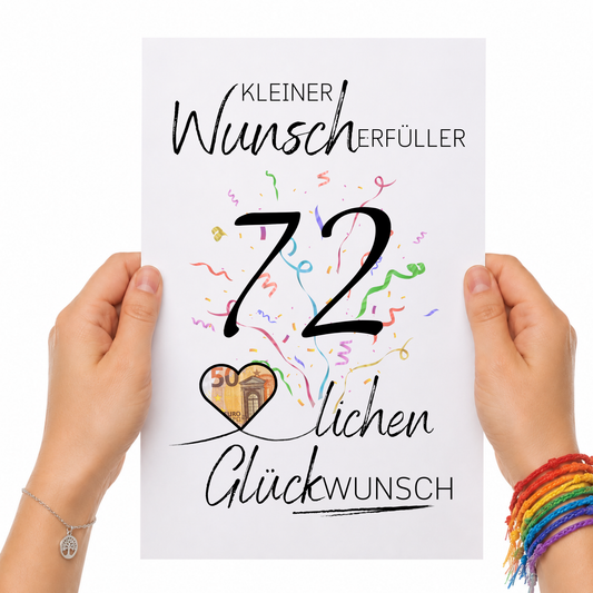 Geldgeschenk 72. Geburtstag Printable mit Konfetti, Herz für Geldschein und Schriftzug Kleiner Wunscherfüller als Digital Download zum Ausdrucken