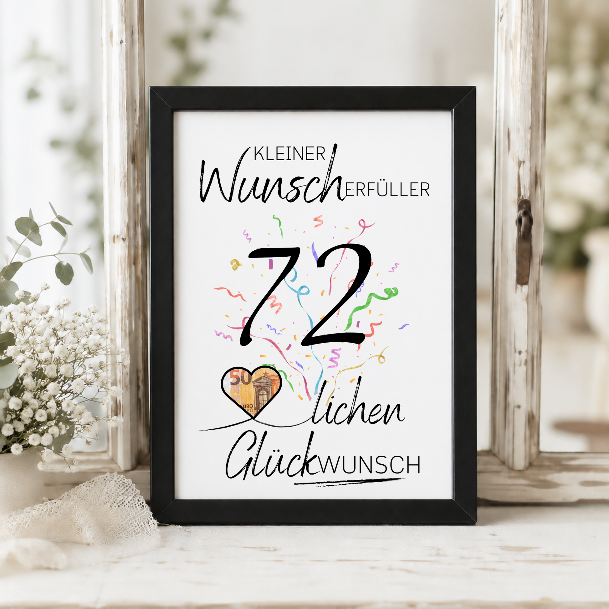 Geldgeschenk 72. Geburtstag Printable mit Konfetti, Herz für Geldschein und Schriftzug Kleiner Wunscherfüller als Digital Download zum Ausdrucken
