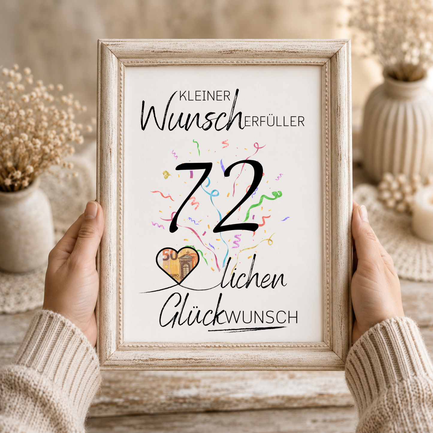Geldgeschenk 72. Geburtstag Printable mit Konfetti, Herz für Geldschein und Schriftzug Kleiner Wunscherfüller als Digital Download zum Ausdrucken