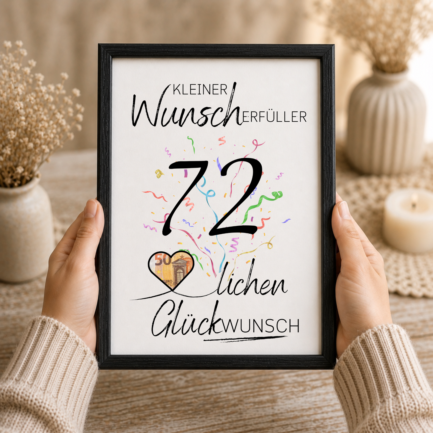 Geldgeschenk 72. Geburtstag Printable mit Konfetti, Herz für Geldschein und Schriftzug Kleiner Wunscherfüller als Digital Download zum Ausdrucken