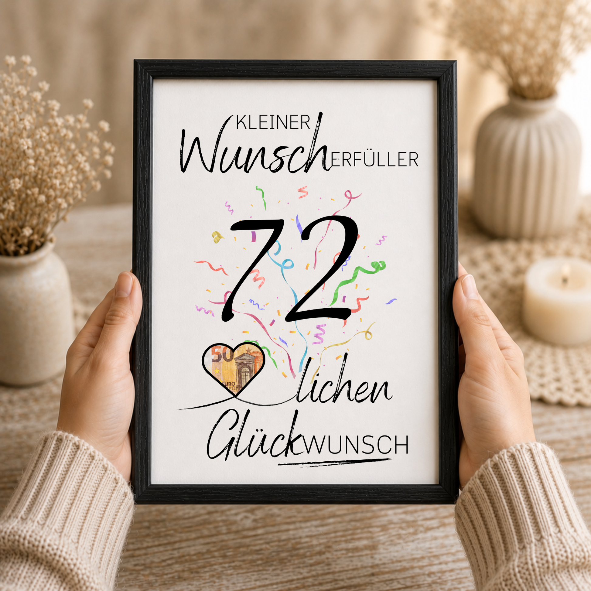 Geldgeschenk 72. Geburtstag Printable mit Konfetti, Herz für Geldschein und Schriftzug Kleiner Wunscherfüller als Digital Download zum Ausdrucken