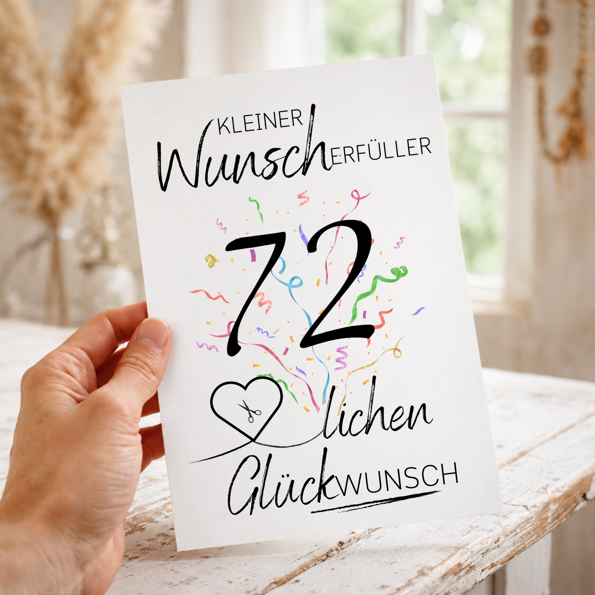 Geldgeschenk 72. Geburtstag Printable mit Konfetti, Herz für Geldschein und Schriftzug Kleiner Wunscherfüller als Digital Download zum Ausdrucken
