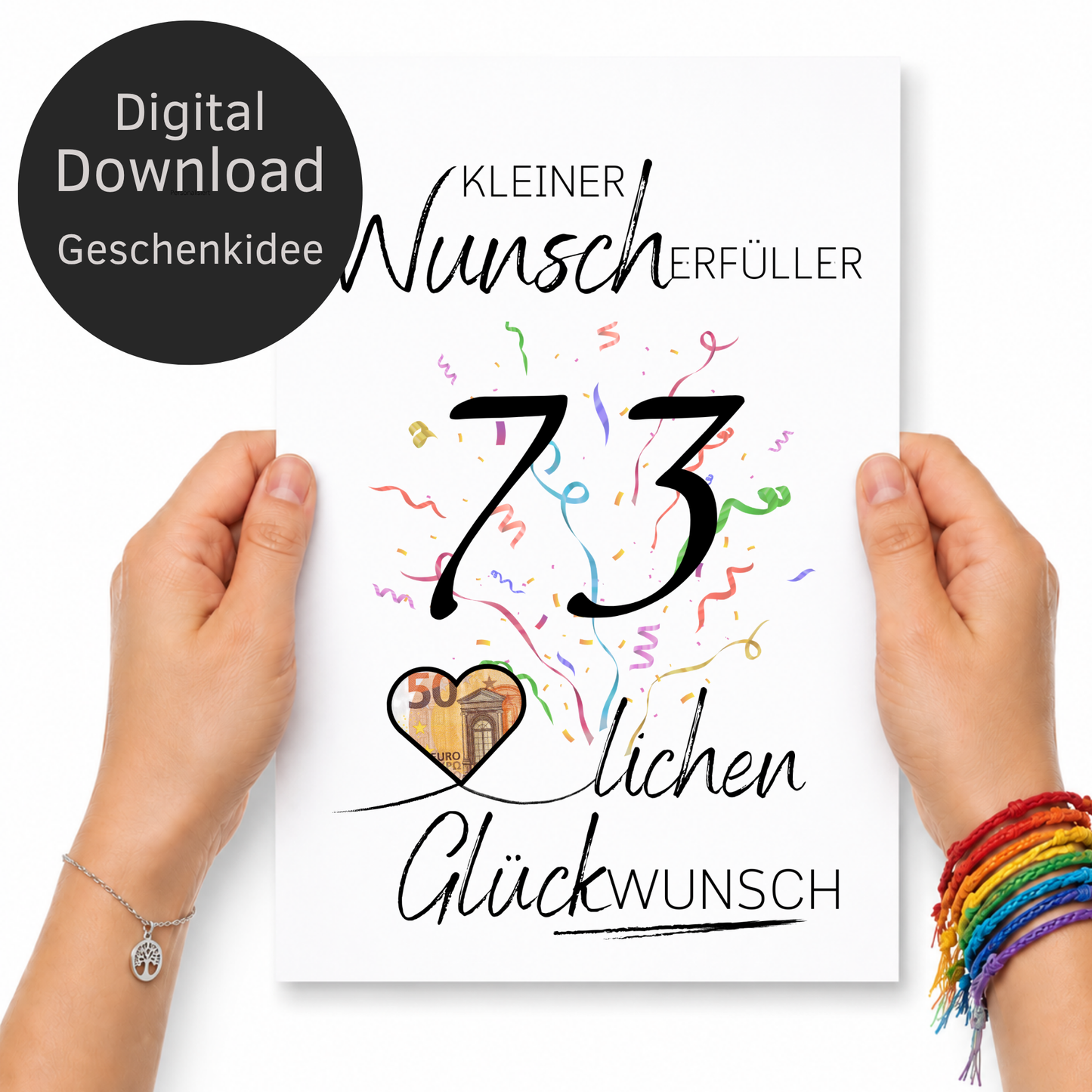 Geldgeschenk 73. Geburtstag Printable mit Konfetti, Schriftzug Kleiner Wunscherfüller, Herz für Geldschein und Glückwunsch Design zum Ausdrucken