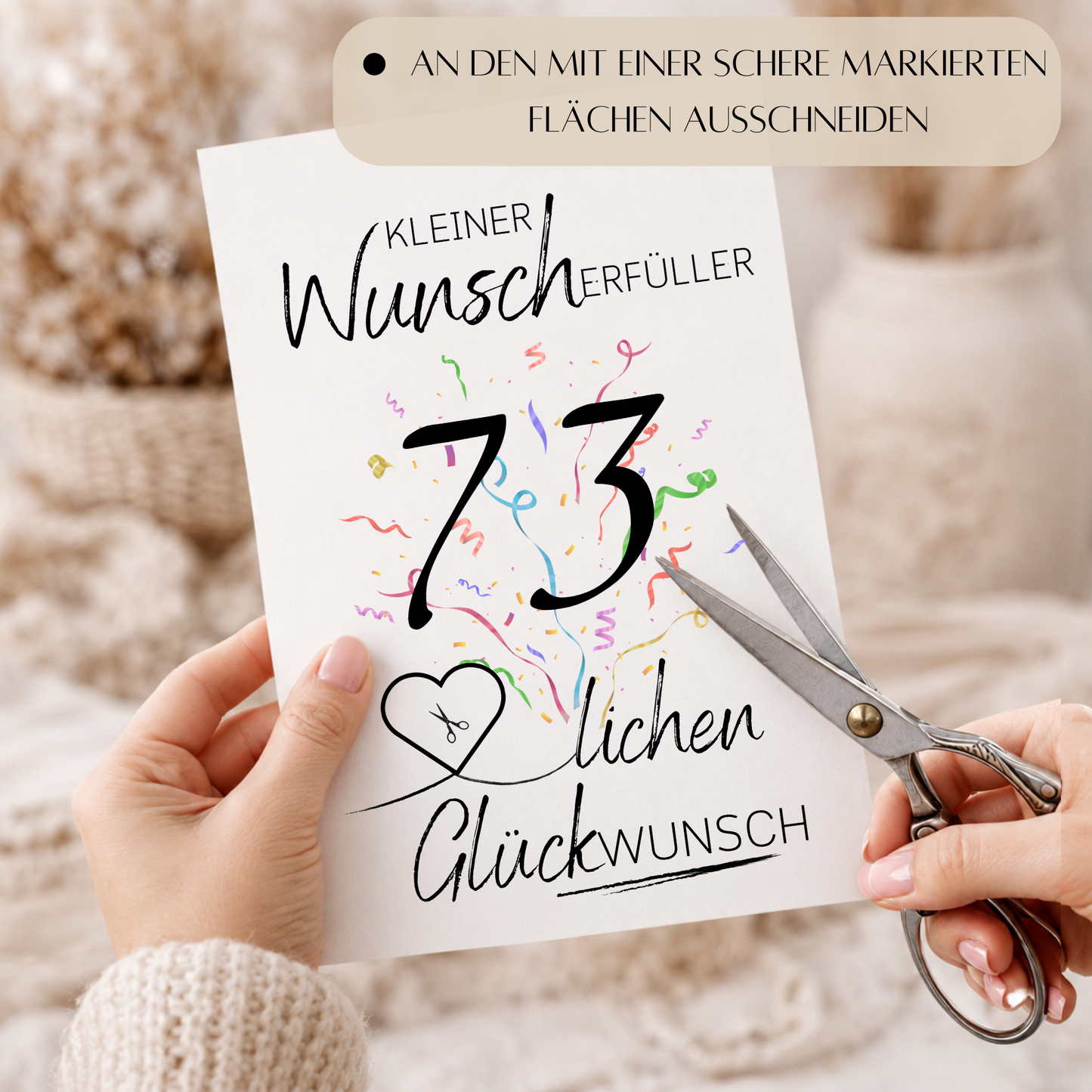 Geldgeschenk 73. Geburtstag Printable mit Konfetti, Schriftzug Kleiner Wunscherfüller, Herz für Geldschein und Glückwunsch Design zum Ausdrucken