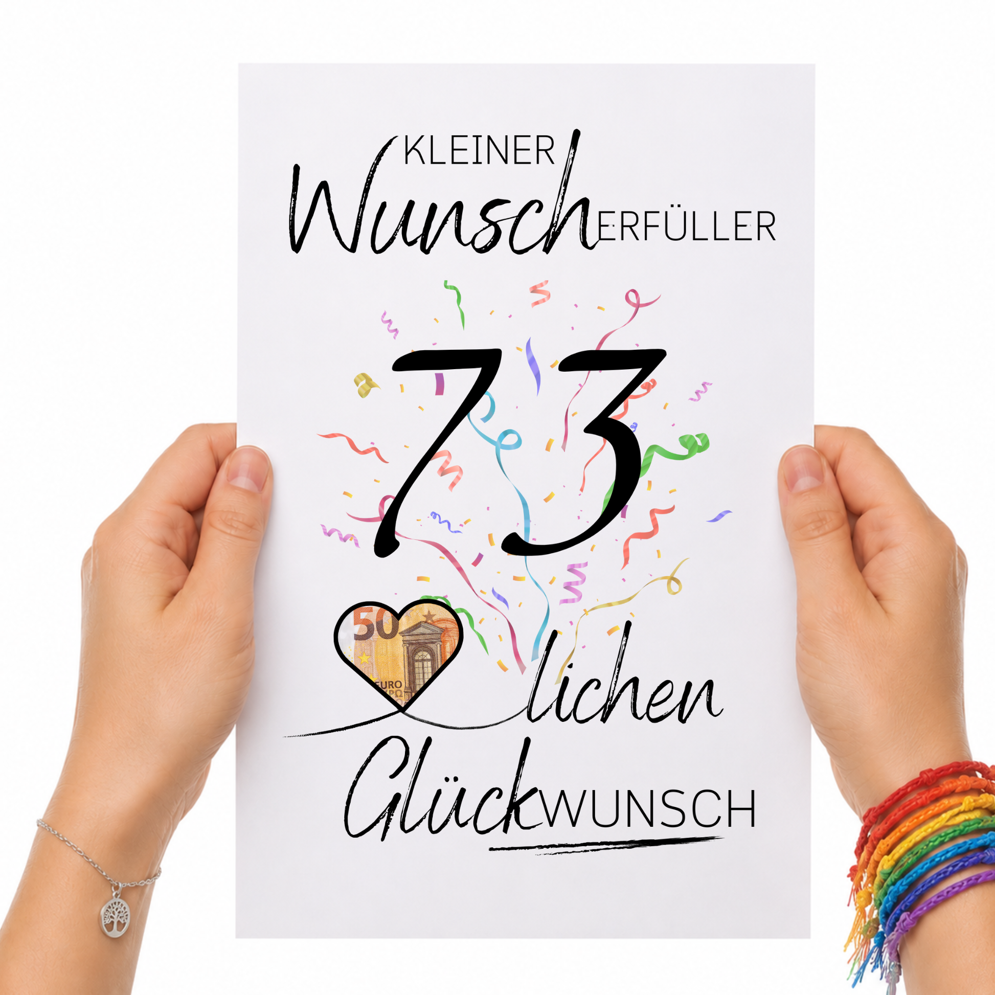 Geldgeschenk 73. Geburtstag Printable mit Konfetti, Schriftzug Kleiner Wunscherfüller, Herz für Geldschein und Glückwunsch Design zum Ausdrucken