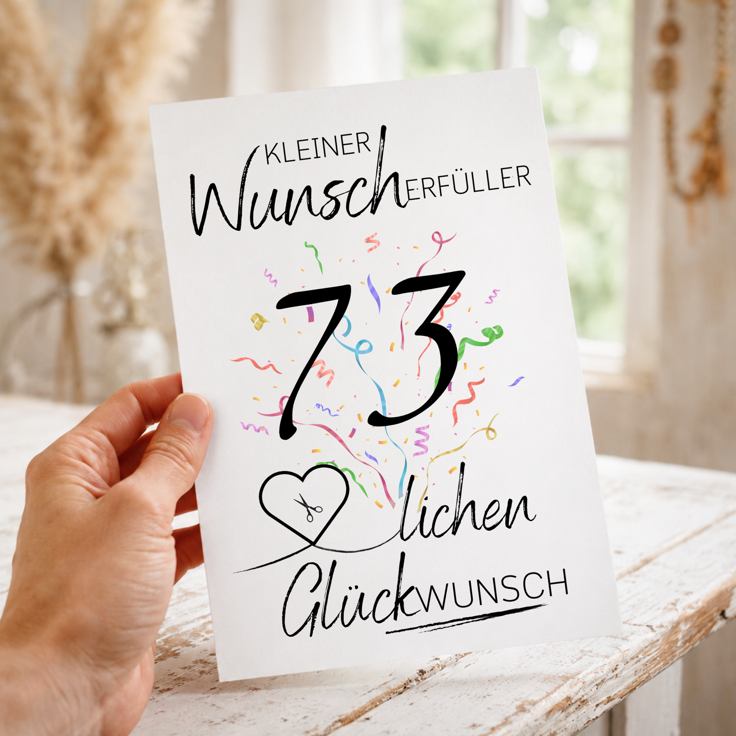 Geldgeschenk 73. Geburtstag Printable mit Konfetti, Schriftzug Kleiner Wunscherfüller, Herz für Geldschein und Glückwunsch Design zum Ausdrucken
