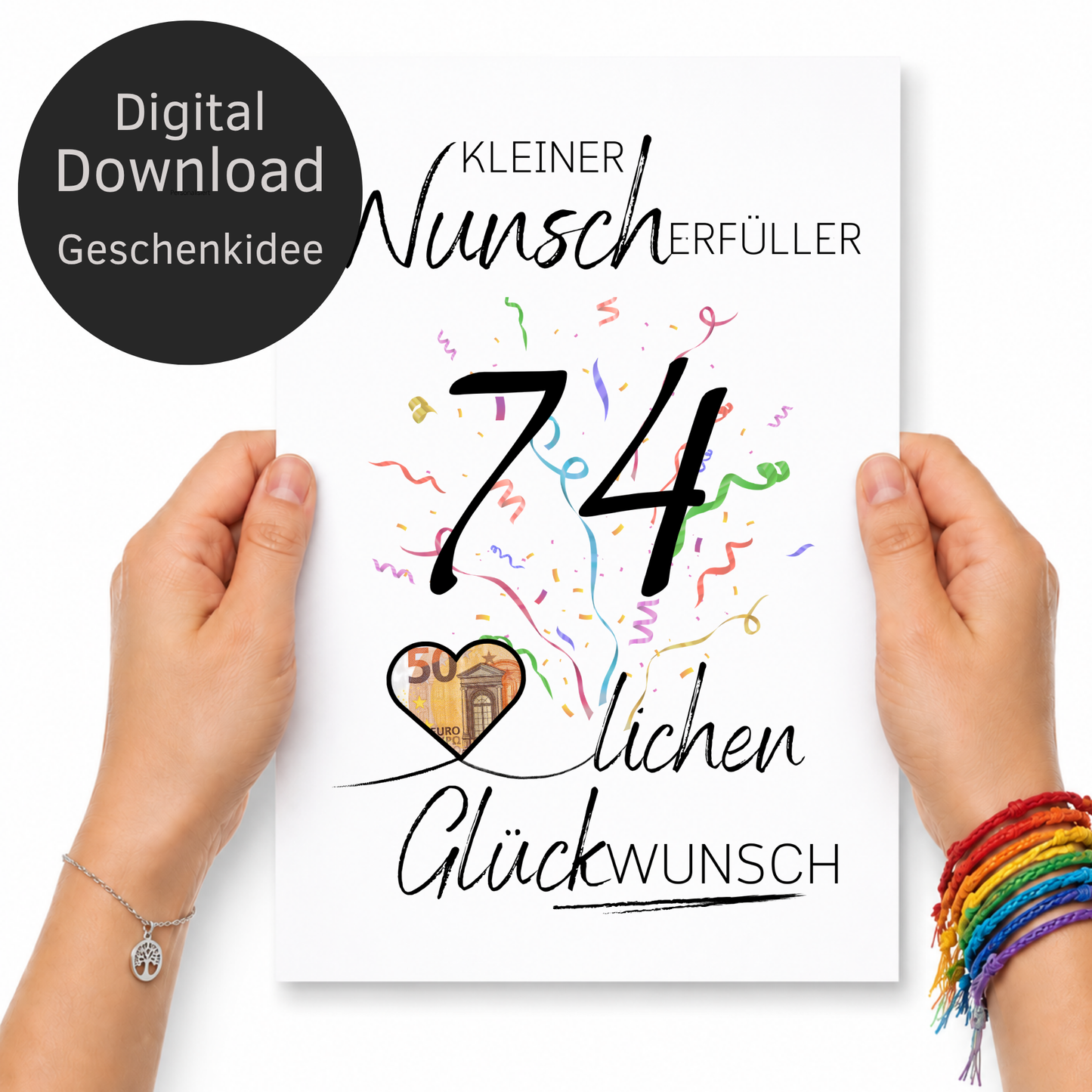 Geldgeschenk 74. Geburtstag Printable mit Schriftzug Kleiner Wunscherfüller, großer Zahl 74, buntem Konfetti und Herz für Geldschein als Digital Download zum Ausdrucken