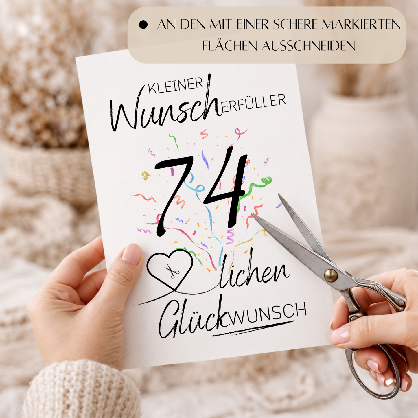 Geldgeschenk 74. Geburtstag Printable mit Schriftzug Kleiner Wunscherfüller, großer Zahl 74, buntem Konfetti und Herz für Geldschein als Digital Download zum Ausdrucken