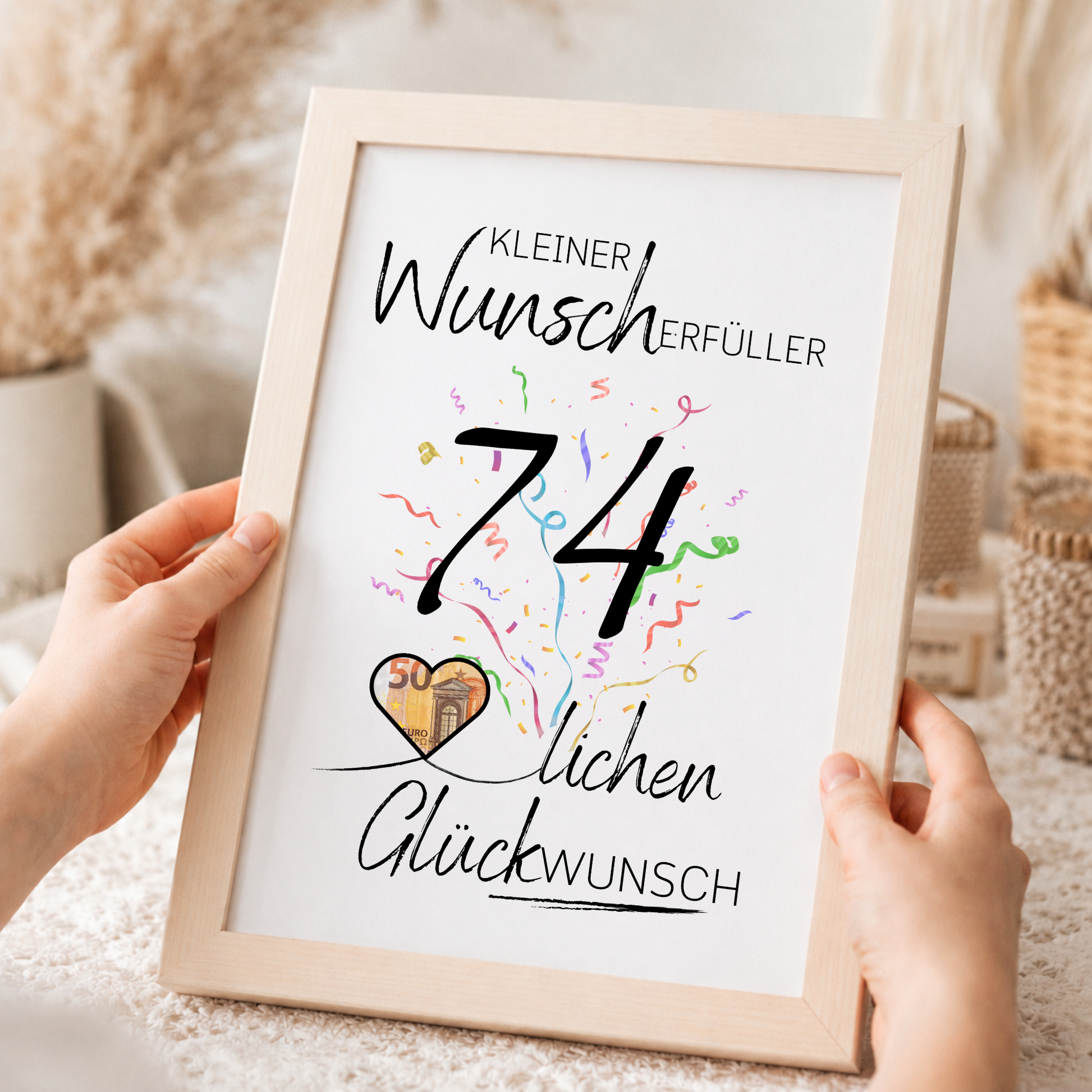 Geldgeschenk 74. Geburtstag Printable mit Schriftzug Kleiner Wunscherfüller, großer Zahl 74, buntem Konfetti und Herz für Geldschein als Digital Download zum Ausdrucken